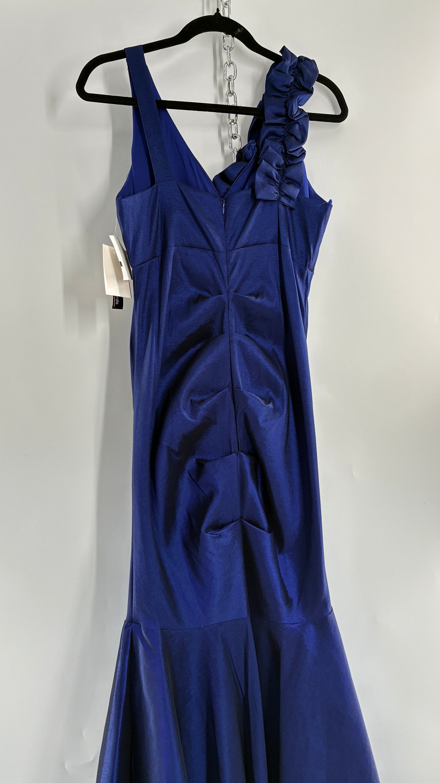 Deadstock Vintage Iridescent Metallic Taffeta Royal Blue Ruched Bodice and Floral Appliqué Gown (12)