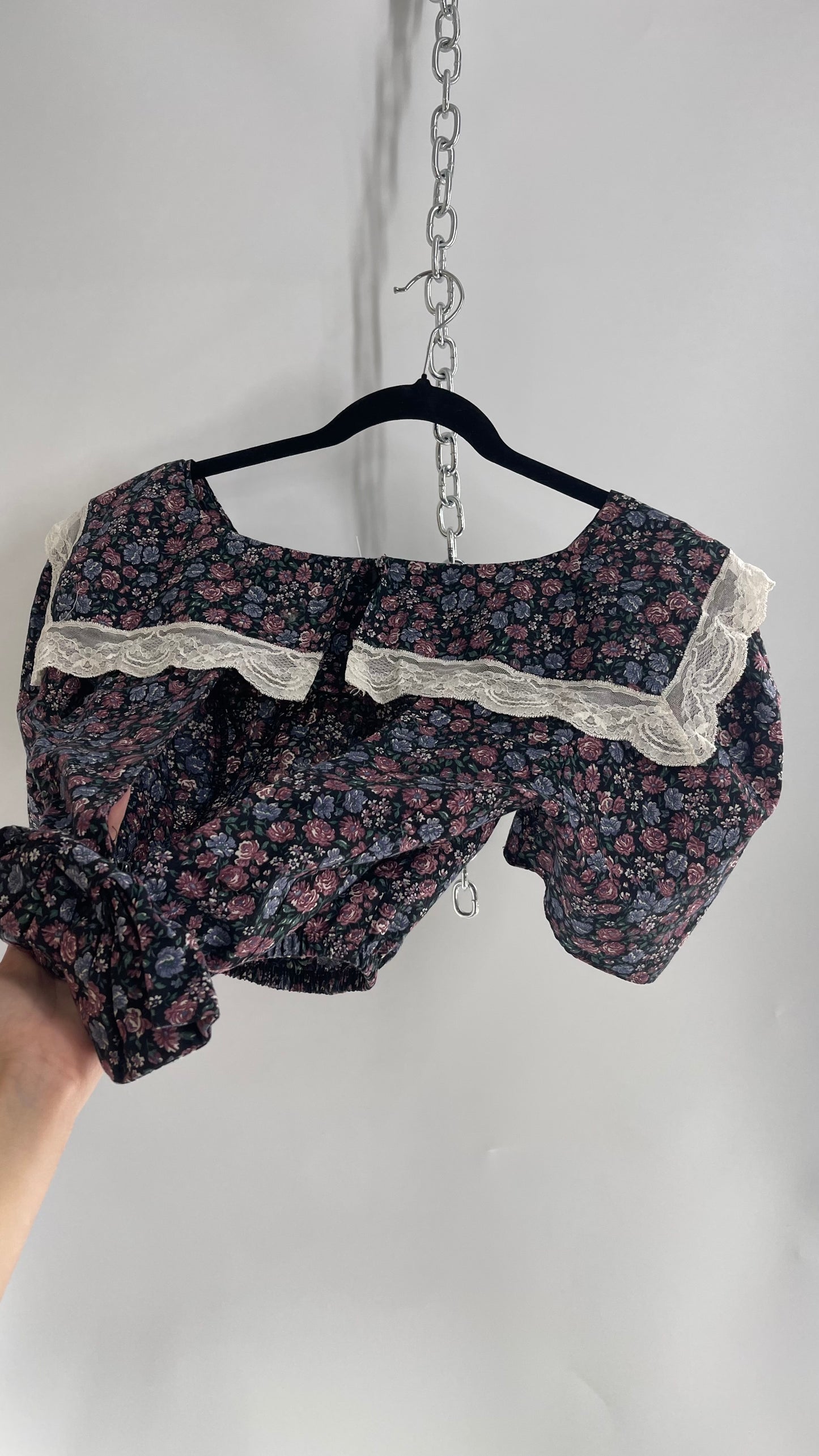 Handmade Reworked Vintage Puff Sleeve Floral Open Back, Bow Detail, Sailor Collar Top (Small)