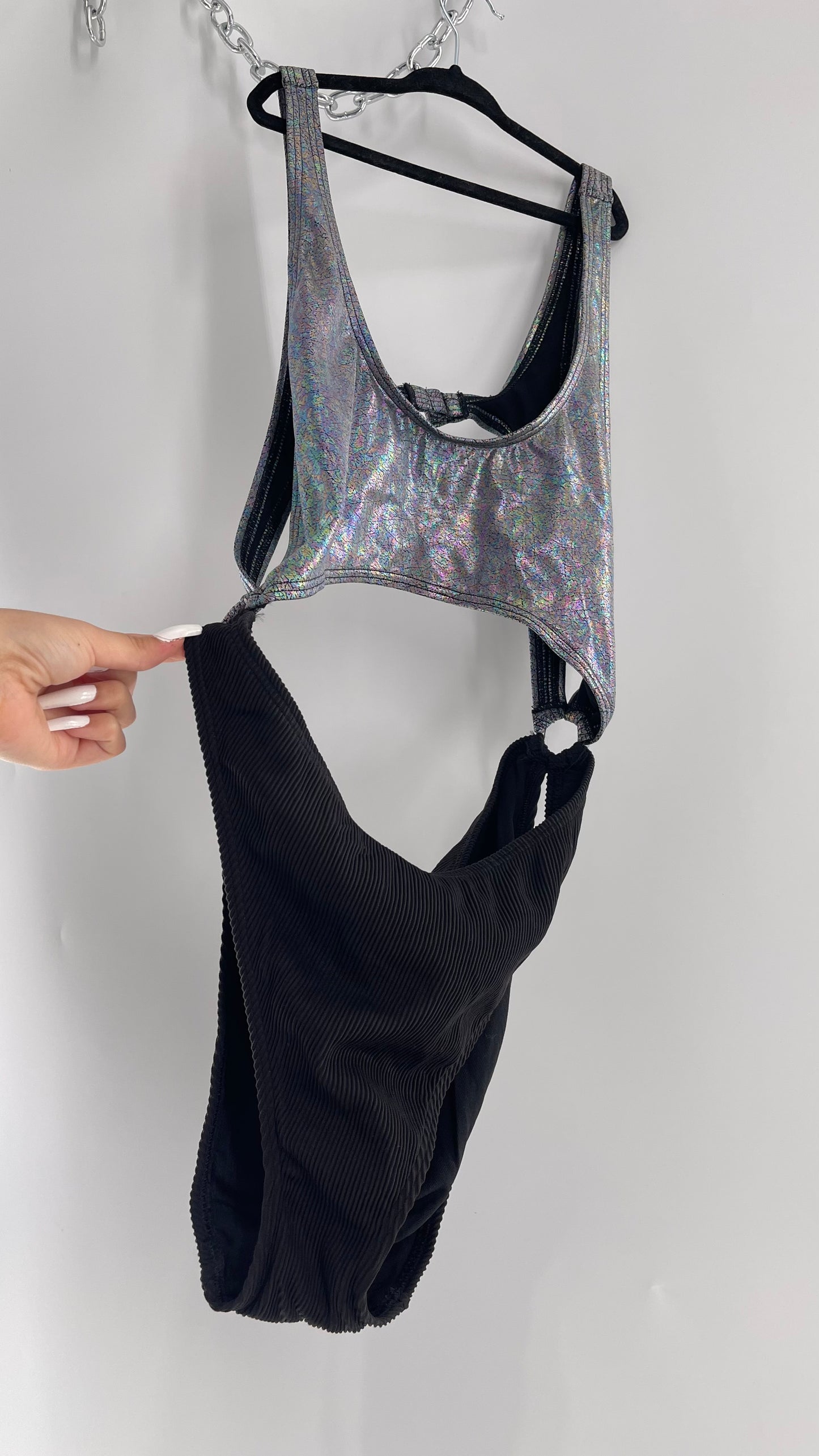 Urban Outfitters Out From Under Bathing Suit Metallic Gas Spill Top and Ribbed Black Bottom Connected by Rings (Large)