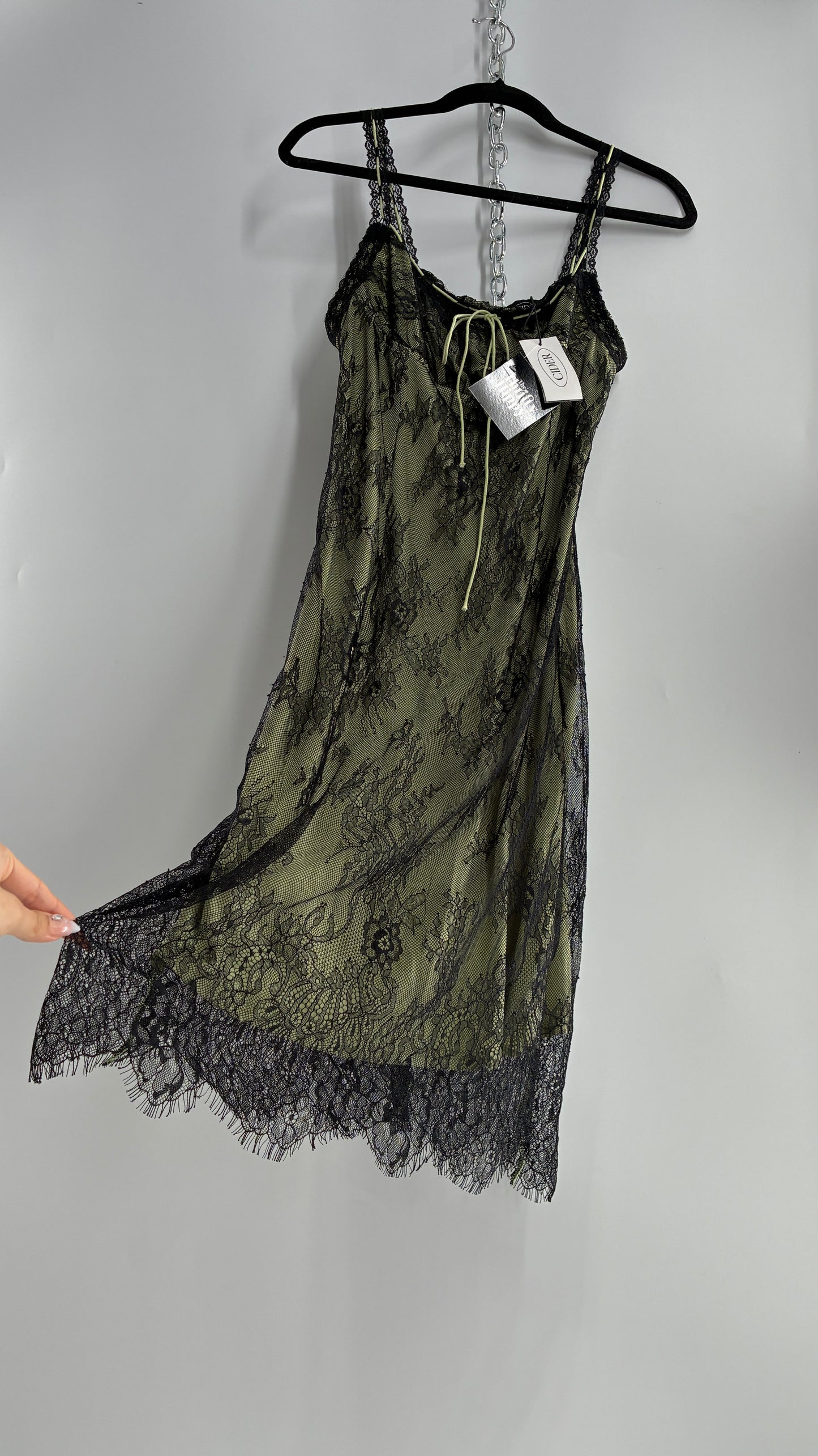 CIDER Green Midi Dress with Black Overlay Lace (Large)