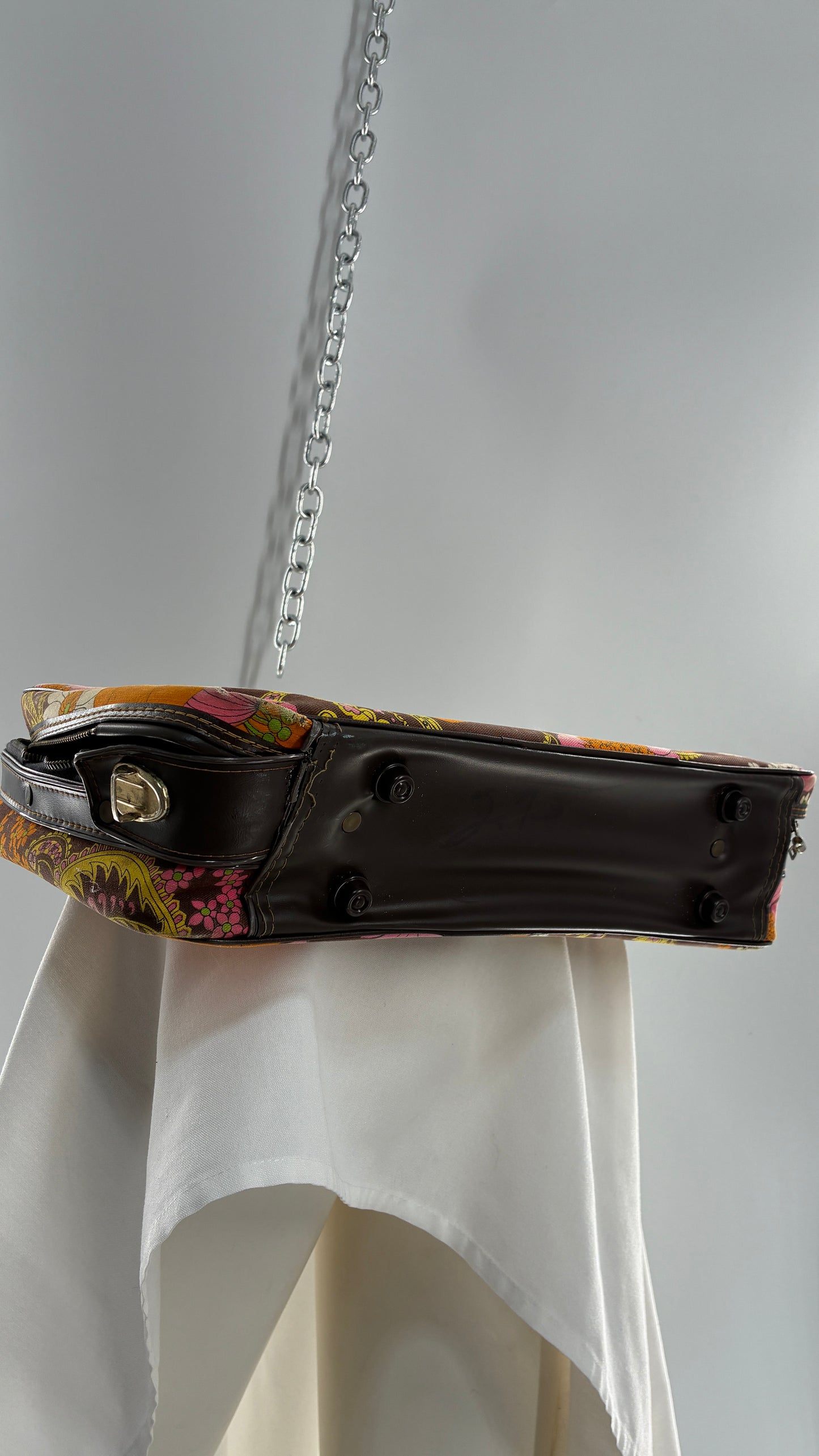 Vintage 1970s Brown Briefcase with Warm Tone Flowers