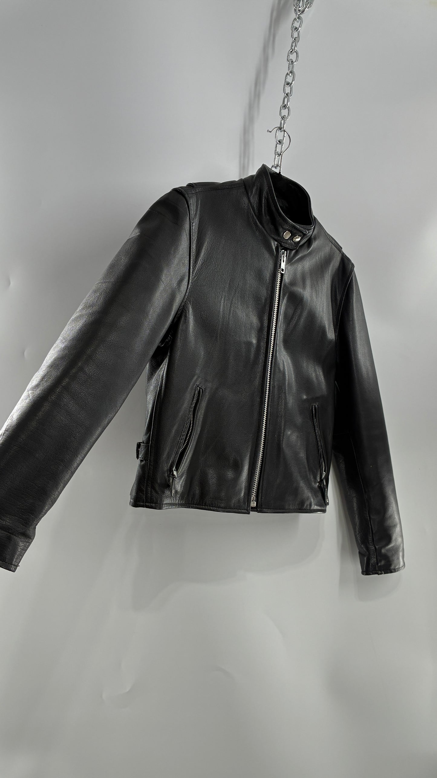 Vintage DOC’s Black Thick Leather Jacket with Removable Quilted Lining, Zippered Sides and Heavy Metal Details (Medium)