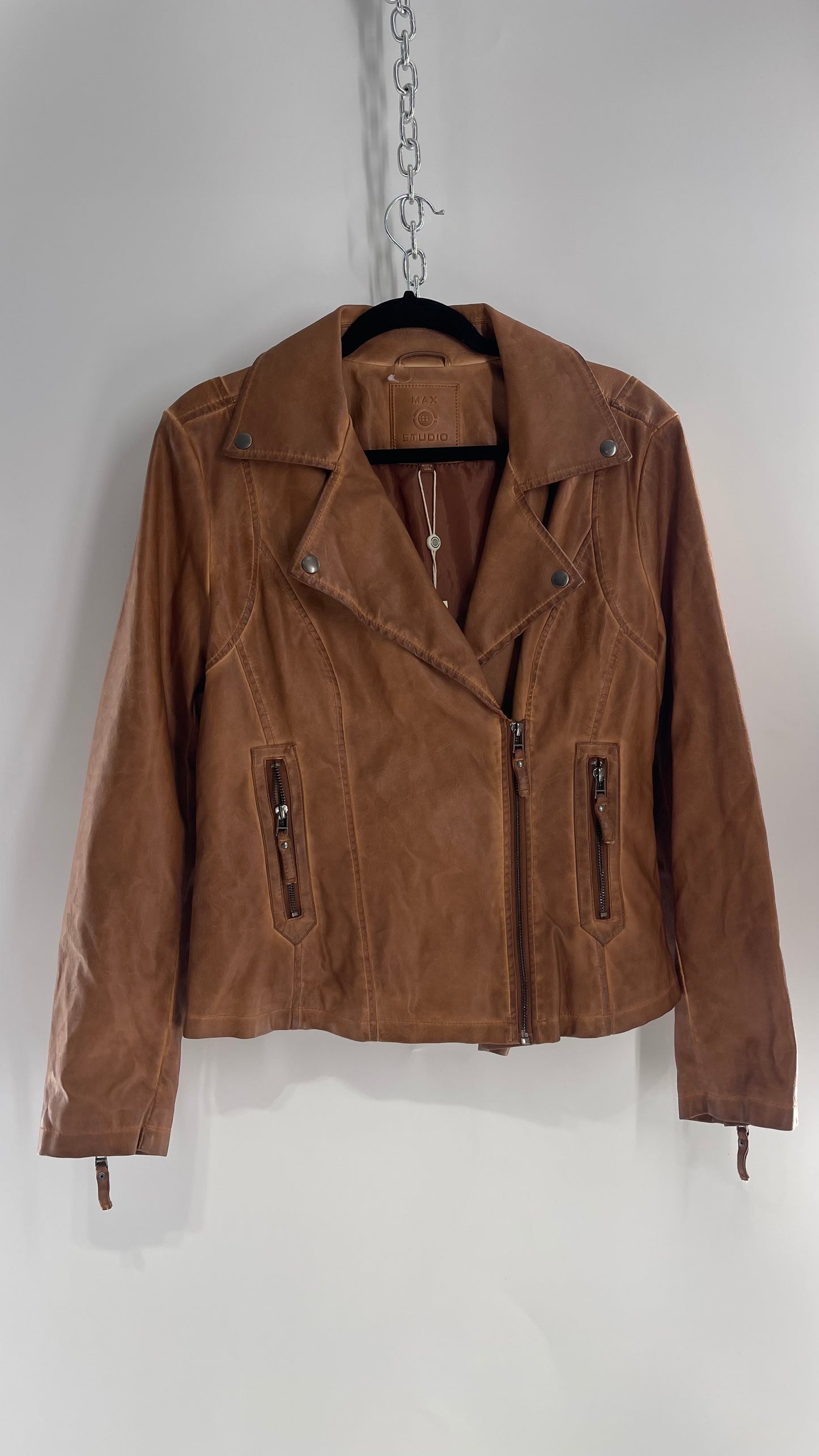 Max Studio Faux Leather Cognac Biker Motorcycle Jacket (Large)