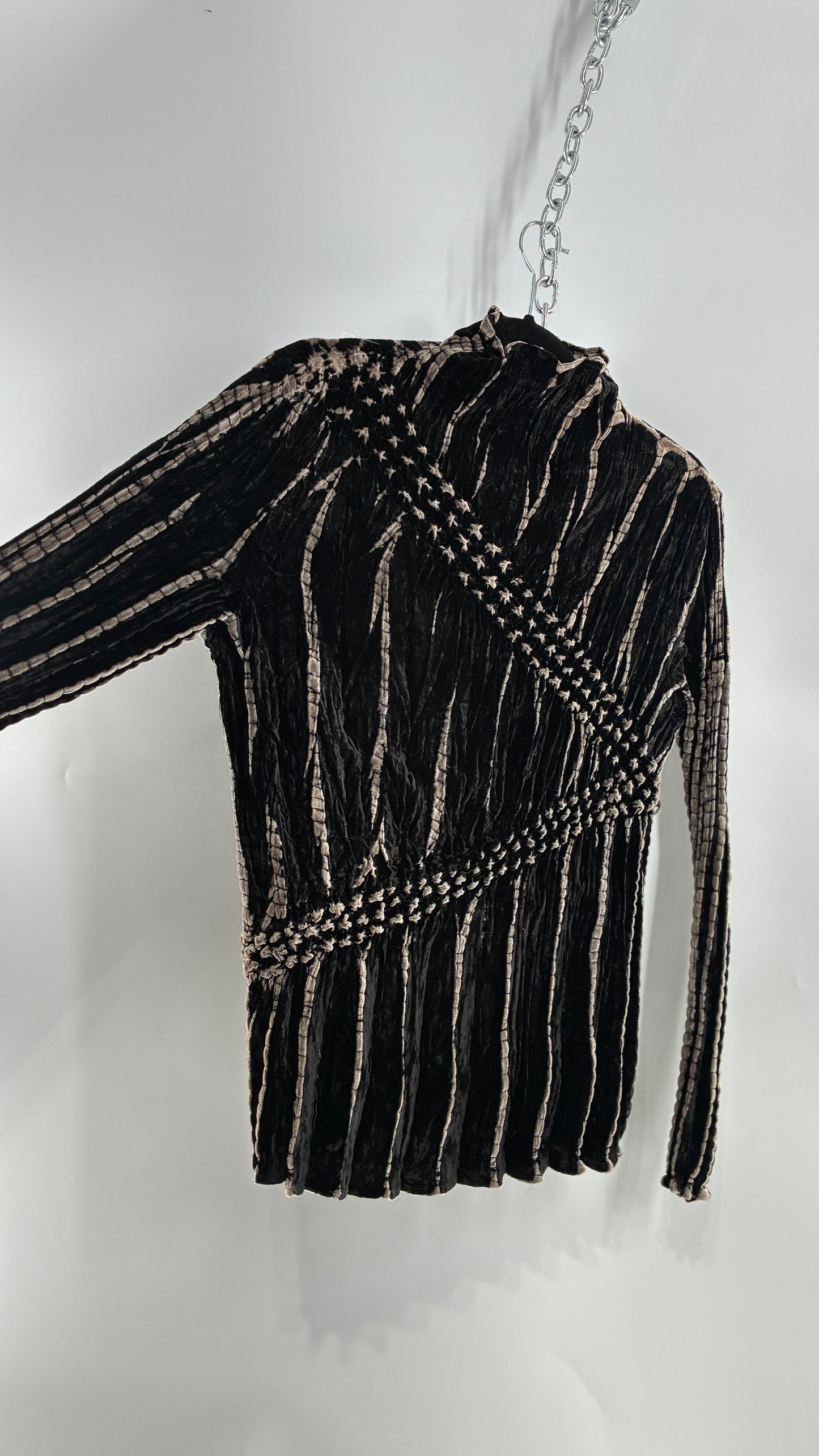 Vintage 1990s Crushed Velvet Black and Beige High Neck Blouse (Small)