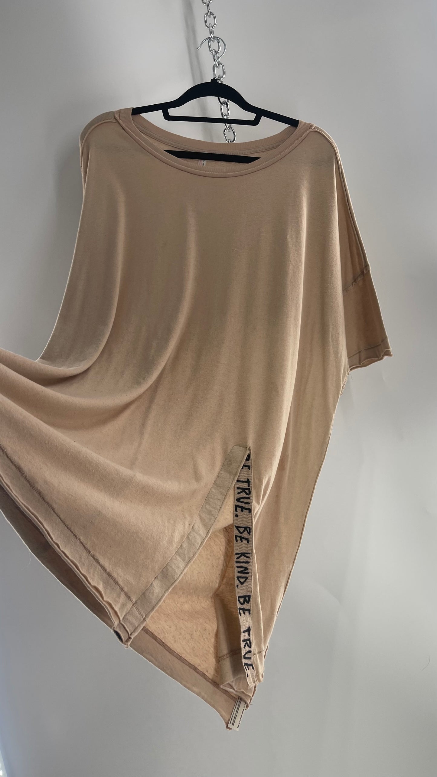 Free People Movement Oversized Light Beige Short  Sleeve T-Shirt with Slit Embroidered Detail (Size XS)