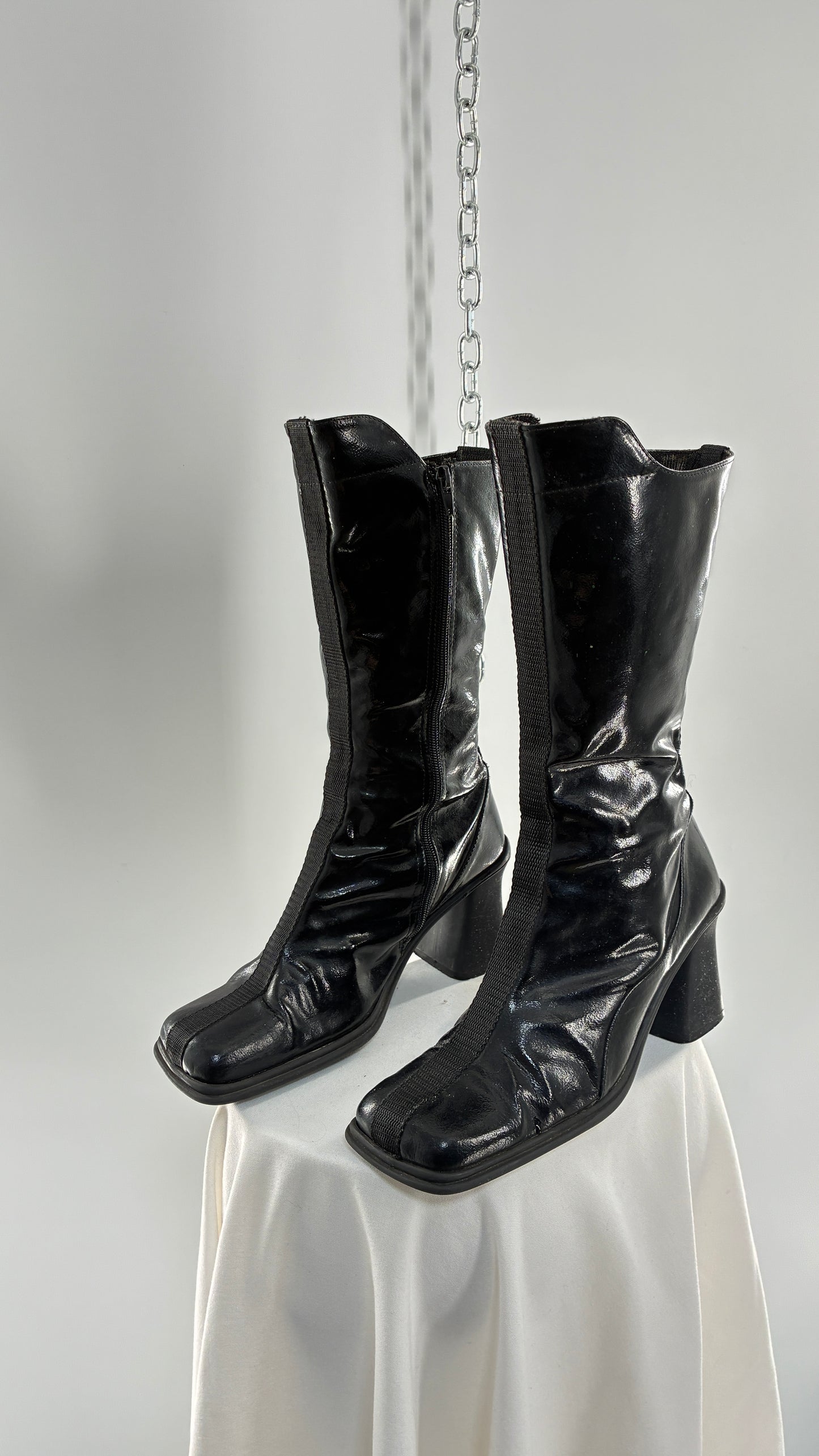 Vintage Black Patent Vinyl Boots with Square Toe and Block Heel with High, Low Calf (40)
