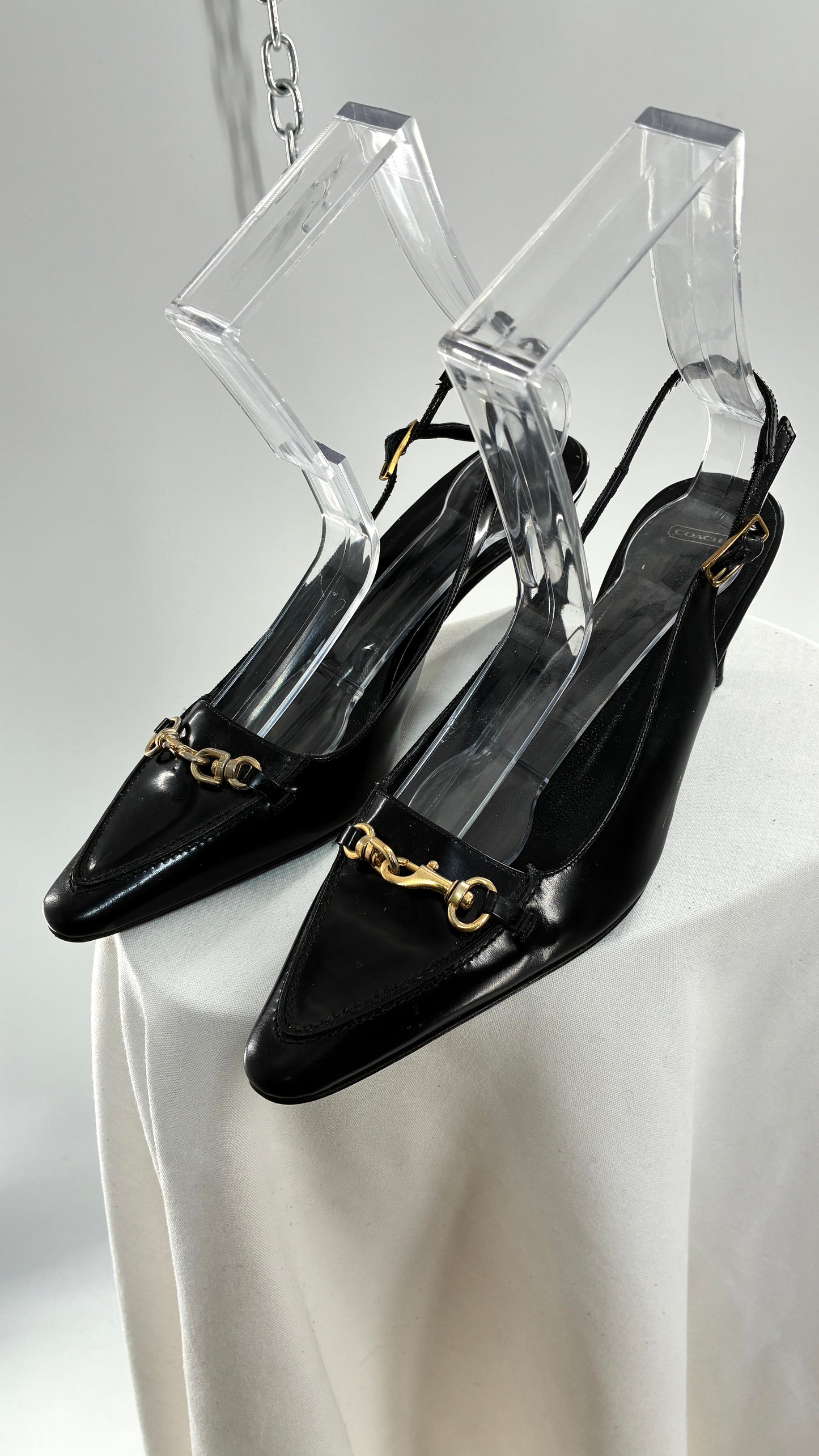 Vintage COACH Black Patent Leather Sling Back Kitten Heel with Brass Closure Detail (8.5)