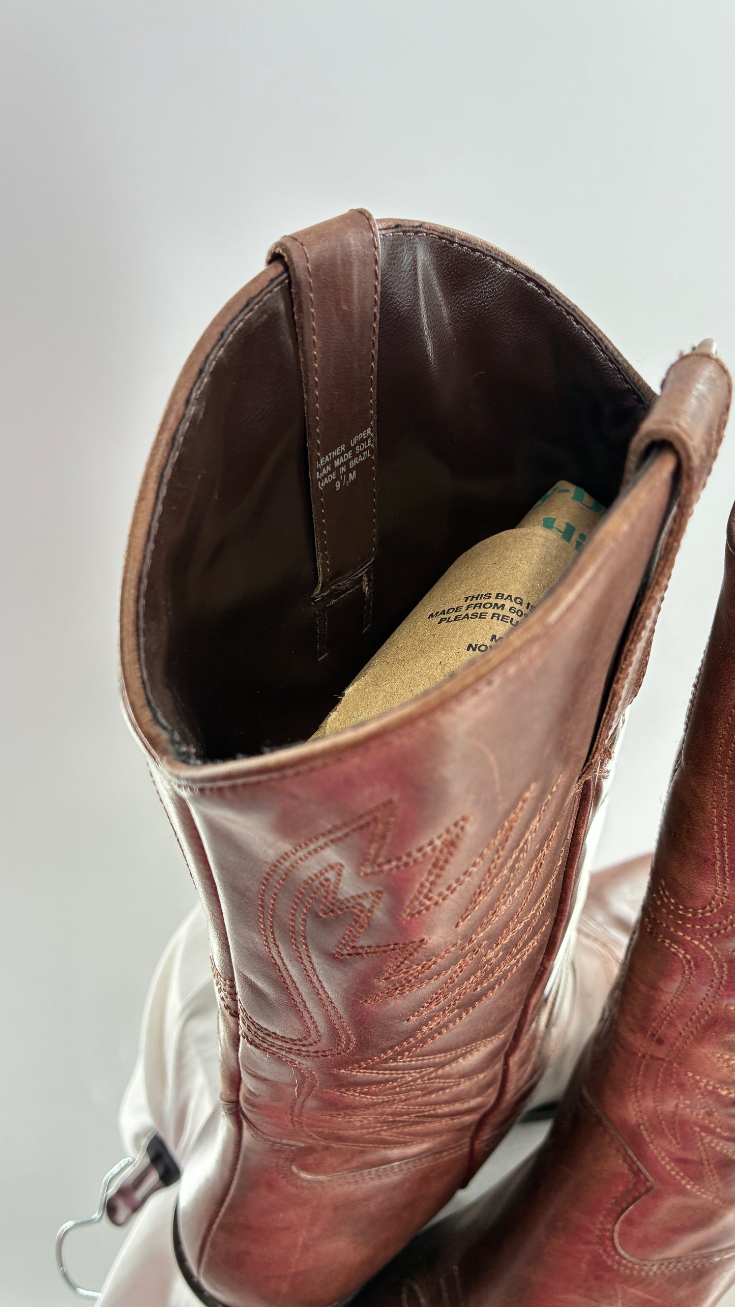Vintage Genuine Leather Brown Cowboy Boots Made in Brazil (9.5)