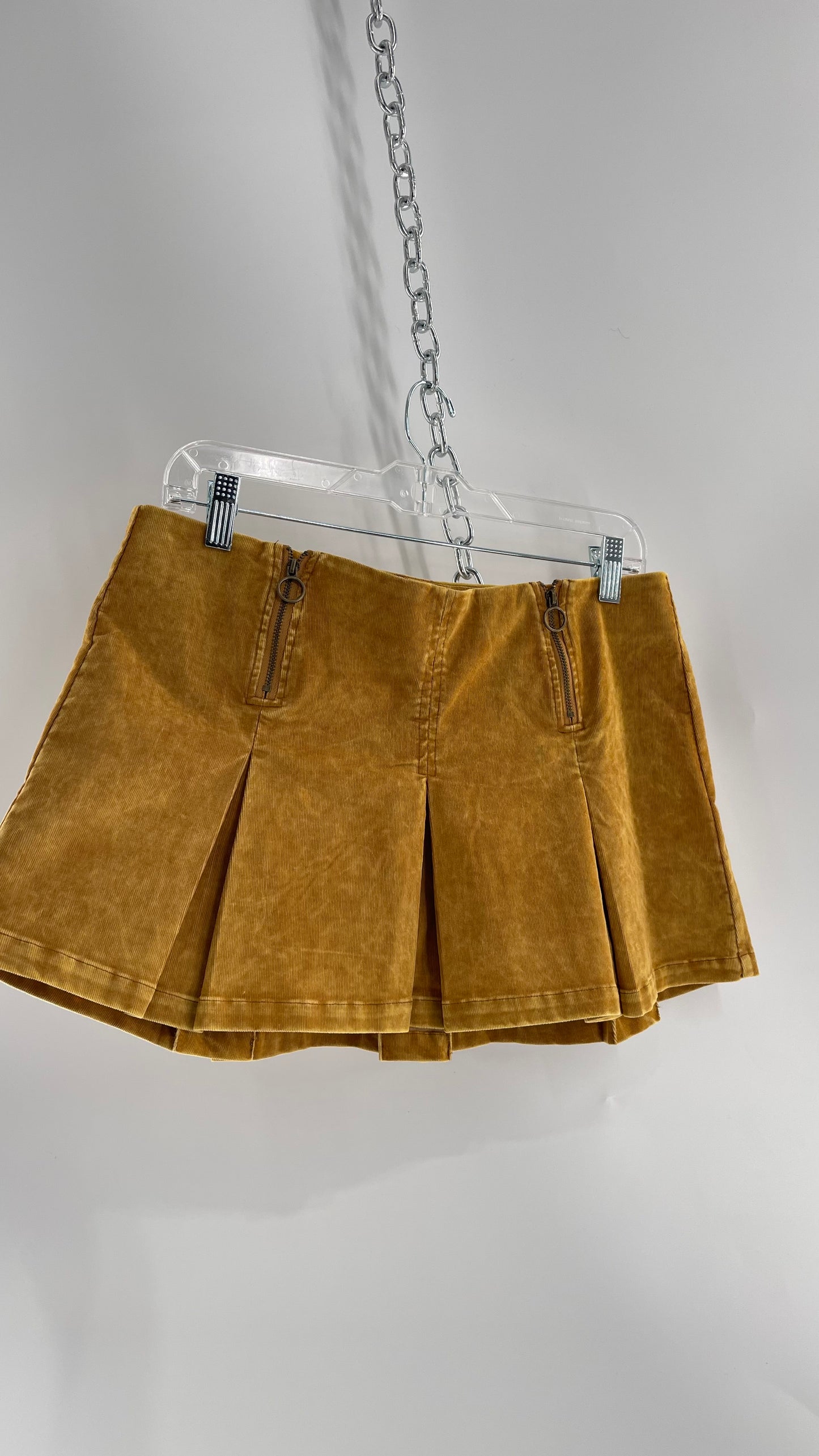 Urban Outfitters Mustard Corduroy Pleated Micro Mini Skirt with Brass Hip Zippers (Medium)