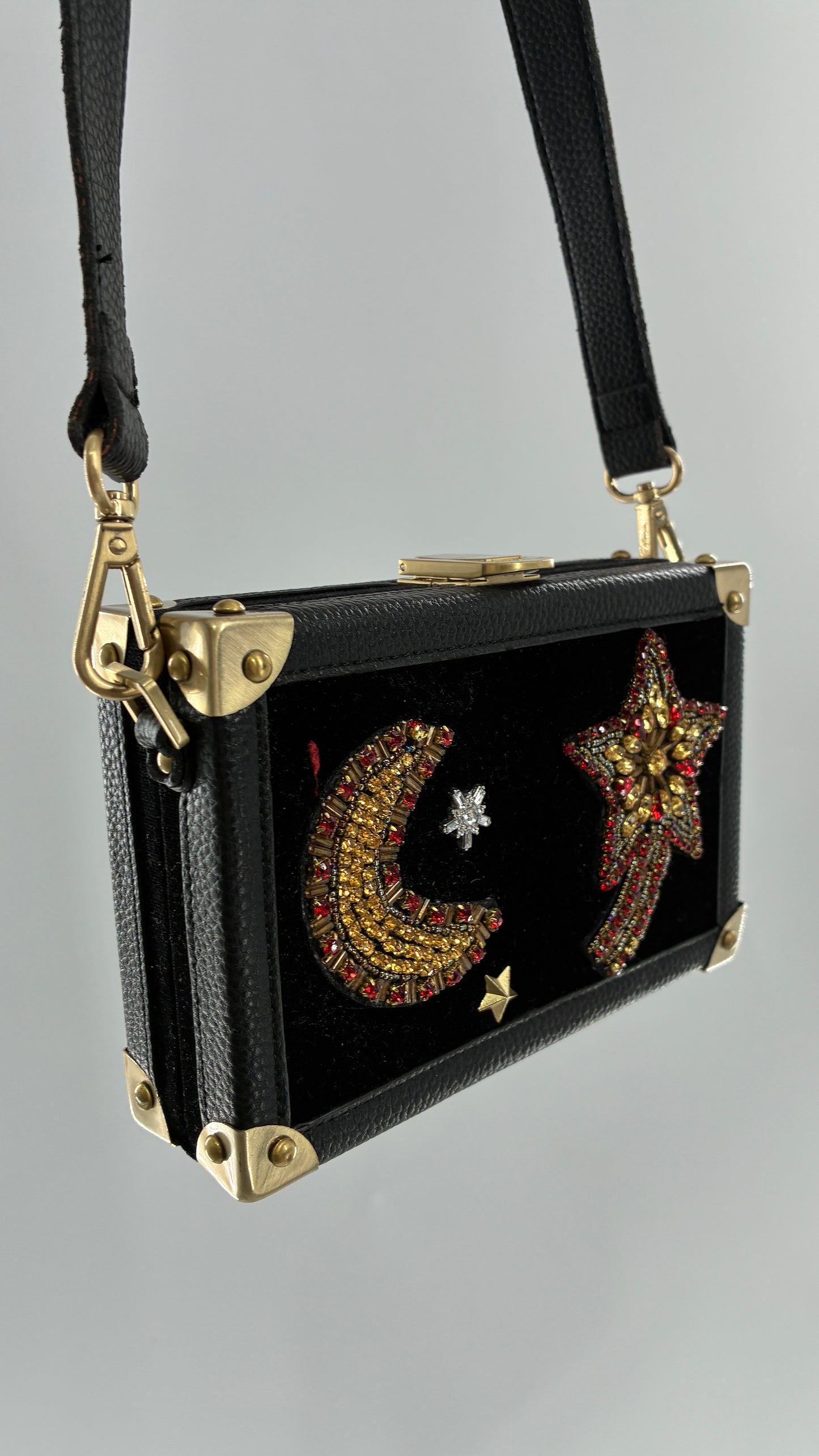 Vintage Sam Edelman Black Leather and Velour Box Case Purse with Gold Hardware and Celestial Beading