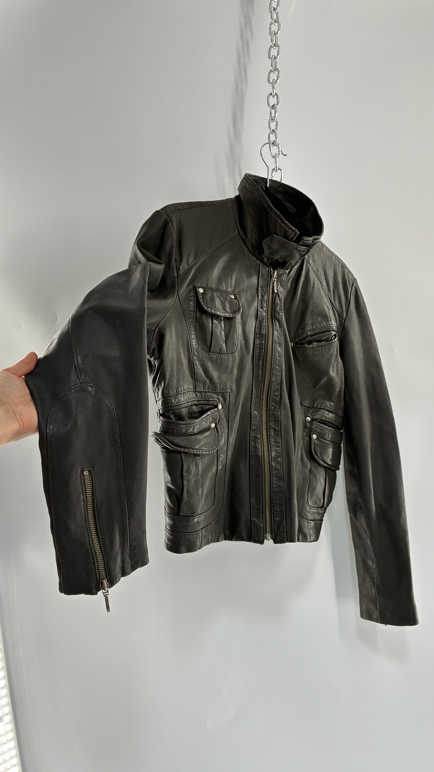 Vintage IDENTIFY Soft Genuine Leather Jacket with High Neck and Multi Pocket Details (Medium)