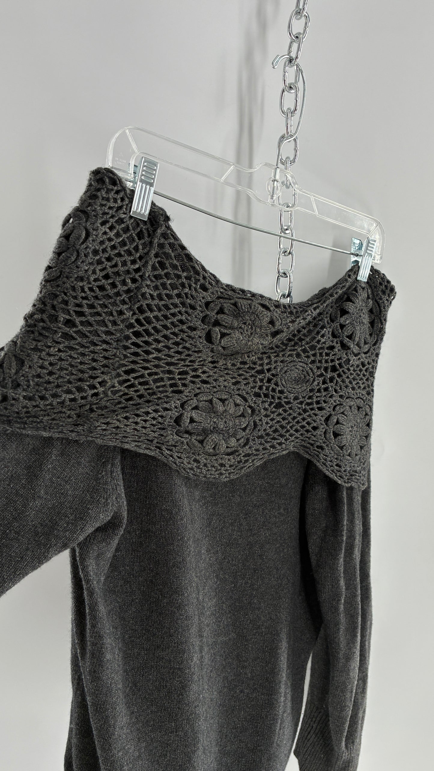 Vintage ELENA MIRO 29% Virgin Wool 8% Angora Wool 8% Cashmere Grey Off the Shoulder Crochet Band Sweater (Medium)