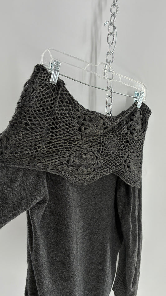 Vintage ELENA MIRO 29% Virgin Wool 8% Angora Wool 8% Cashmere Grey Off the Shoulder Crochet Band Sweater (Medium)