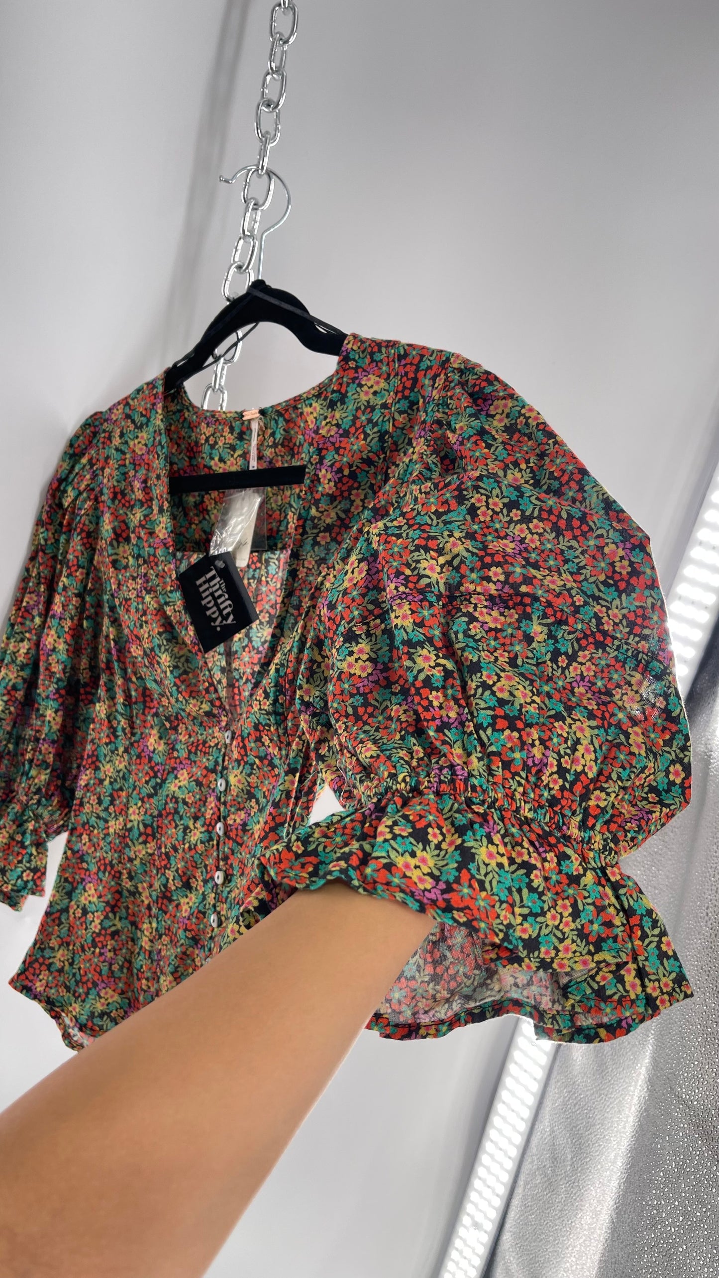 Free People 100% Cotton Colorful Florals Blouse with Deep V, Puff Sleeves, Button Front, and Tags Attached  (Small)