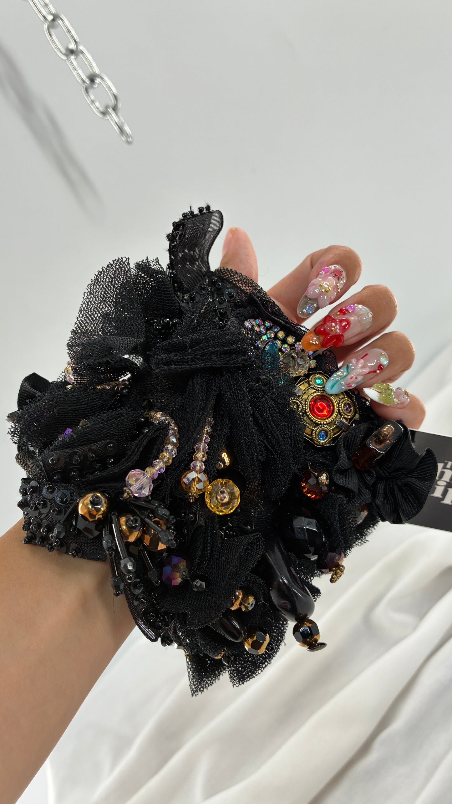 Vintage Black Tulle Jeweled Maximalist Statement Cuff Bracelet