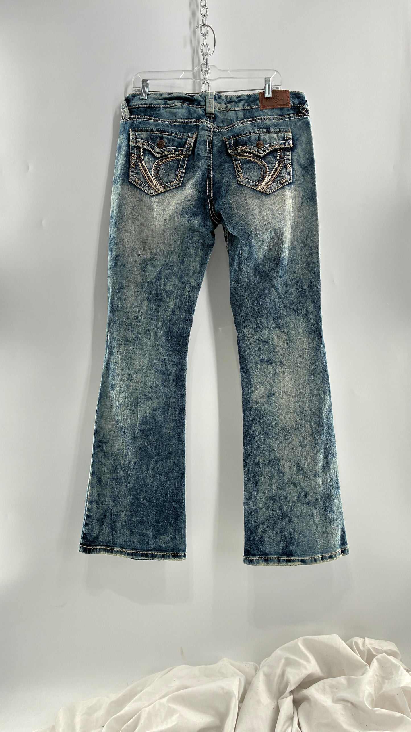 Vintage ARIYA JEANS Acid Washed Kick Flares with Embroidered Pockets (15/16)
