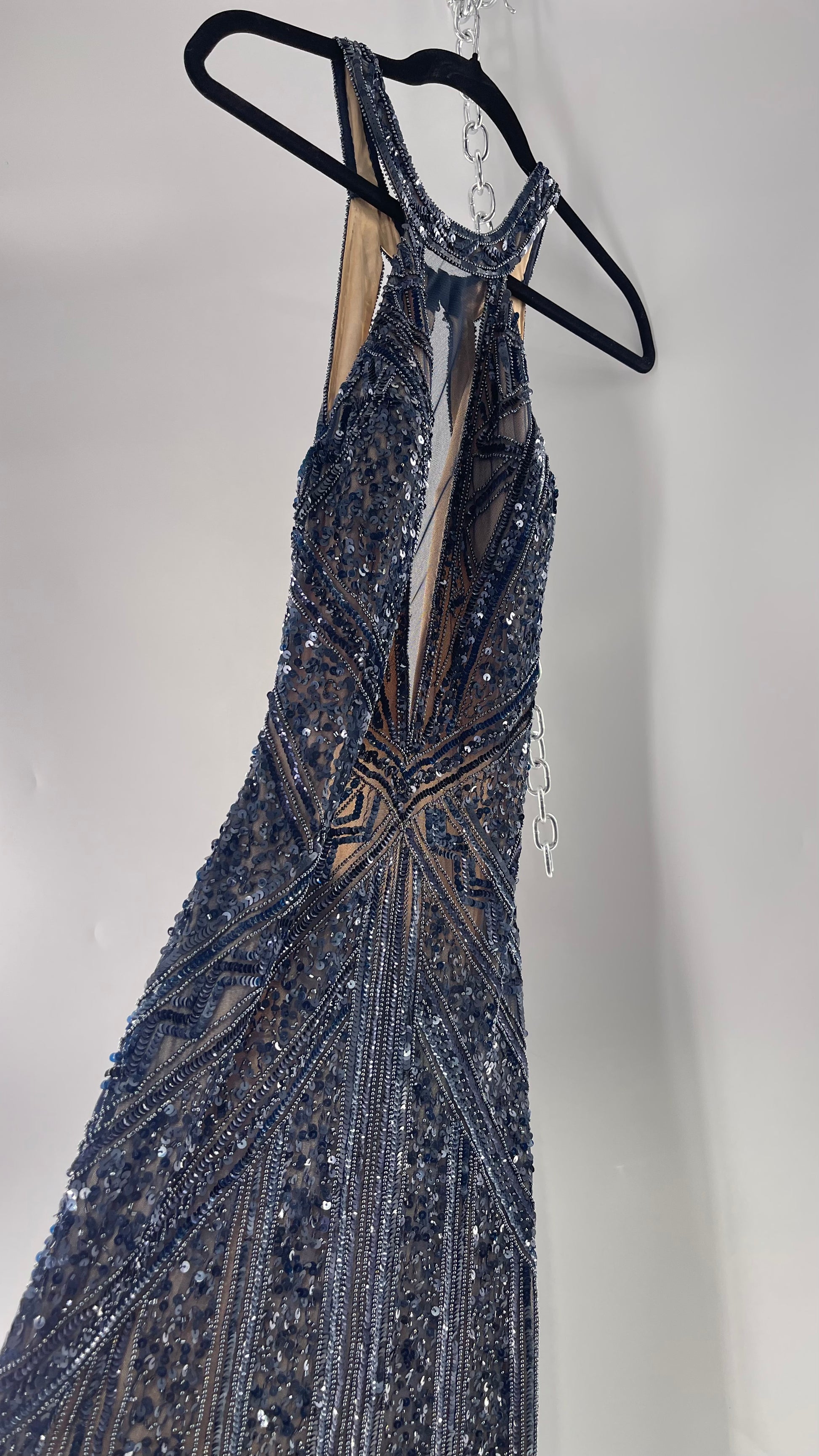 Vintage SCALA Navy Blue Beaded Floor Length Gown with Plunging Necklin The Thrifty Hippy Vintage SCALA Navy Blue Beaded Floor Length Gown with Plunging Necklin The Thrifty Hippy