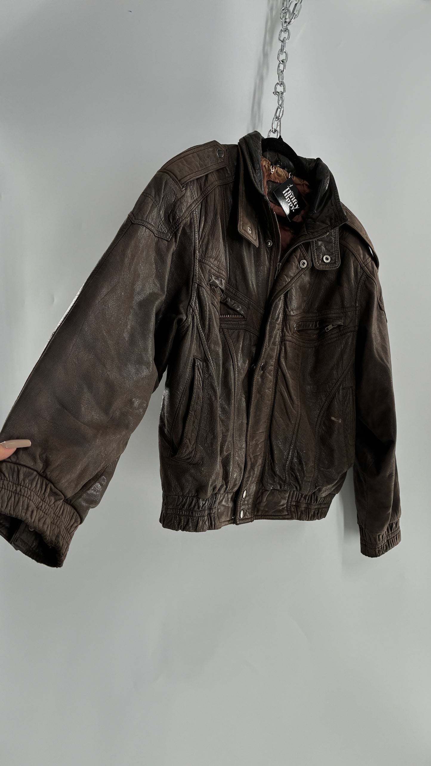 Vintage SAXONY Distressed Leather Bomber Jacket (Medium)