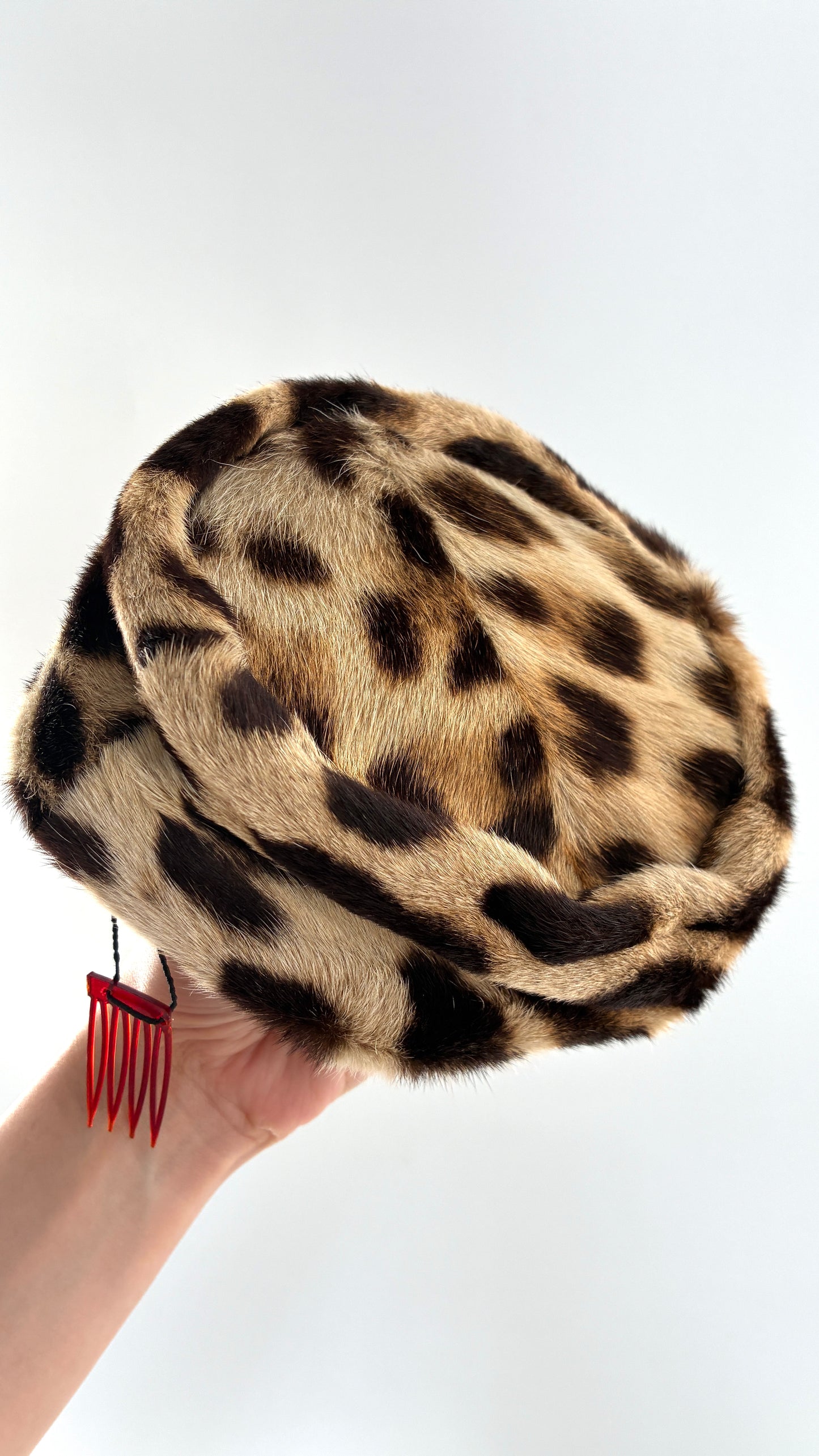 Vintage Cheetah Printed Genuine Fur Clip on Pill Box Hat