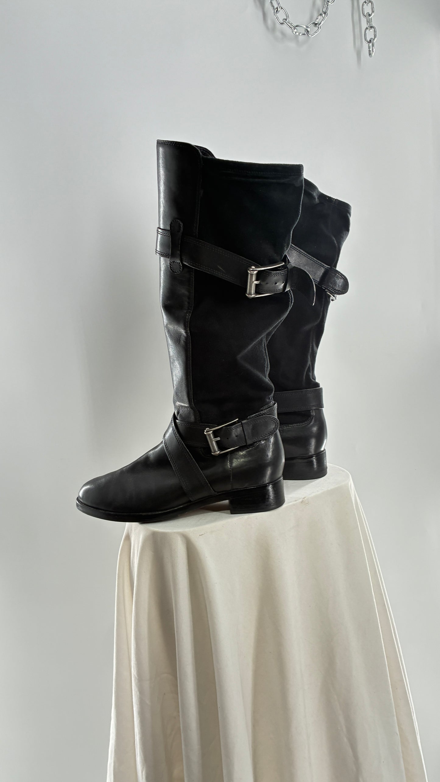 Vintage Cole Haan Black Leather Knee High Boots with Buckle Detailing (7.5)