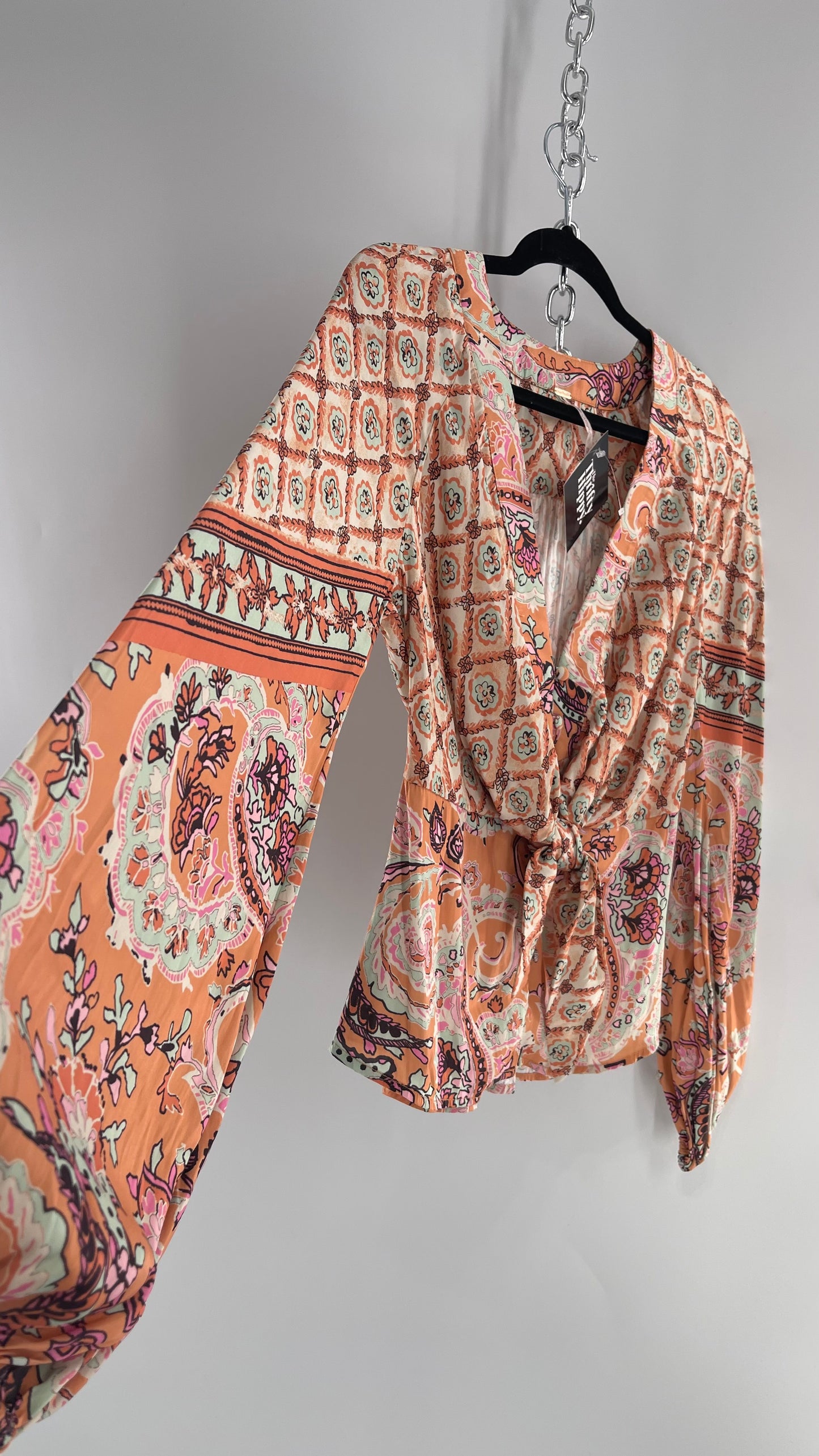 Free People Orange Pastels Paisley Blouse with Bust Tie and Balloon Sleeves (XS)