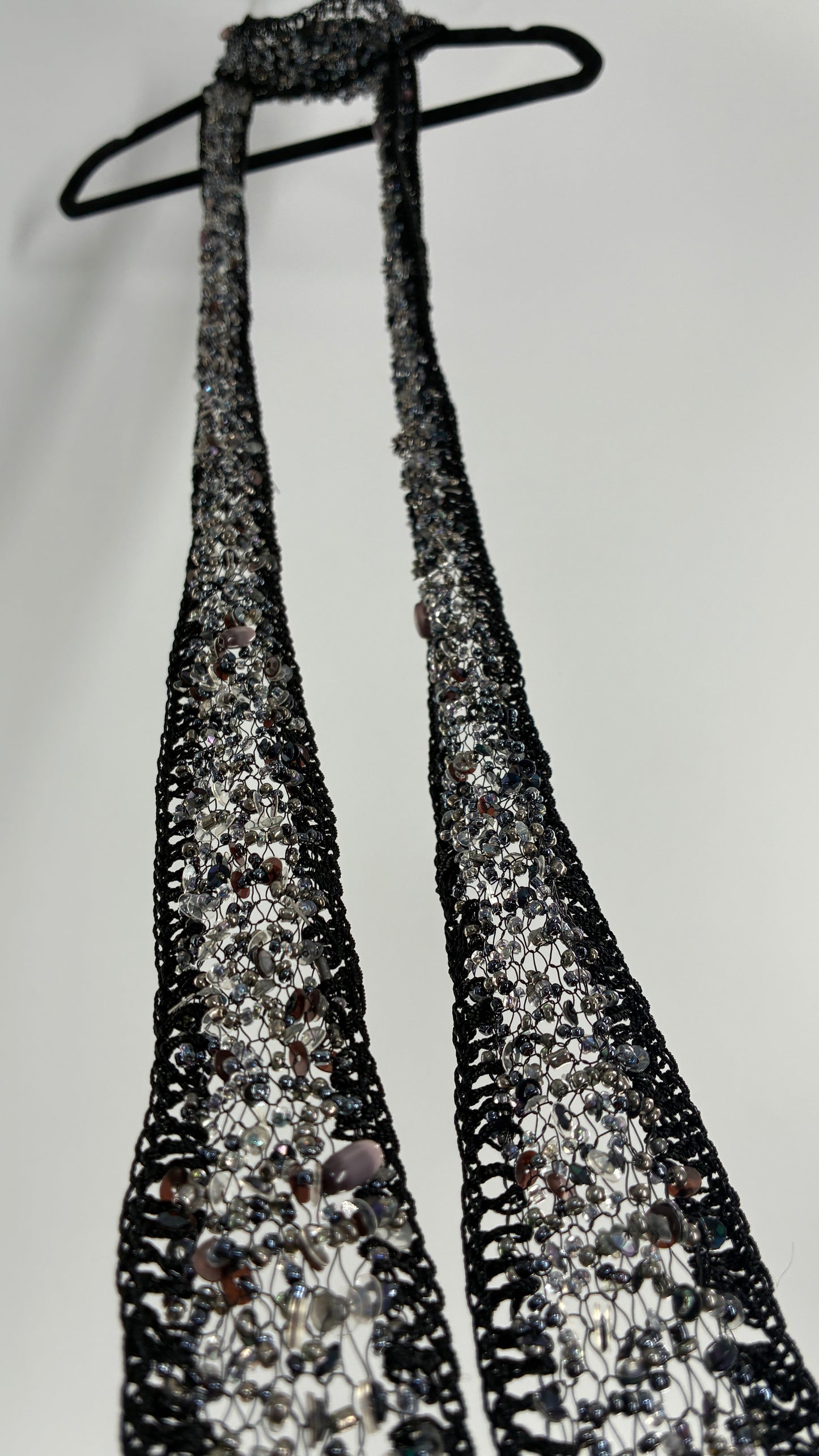 Vintage Black Netted + Crochet Scarf Necklace Covered in Heavy Beading