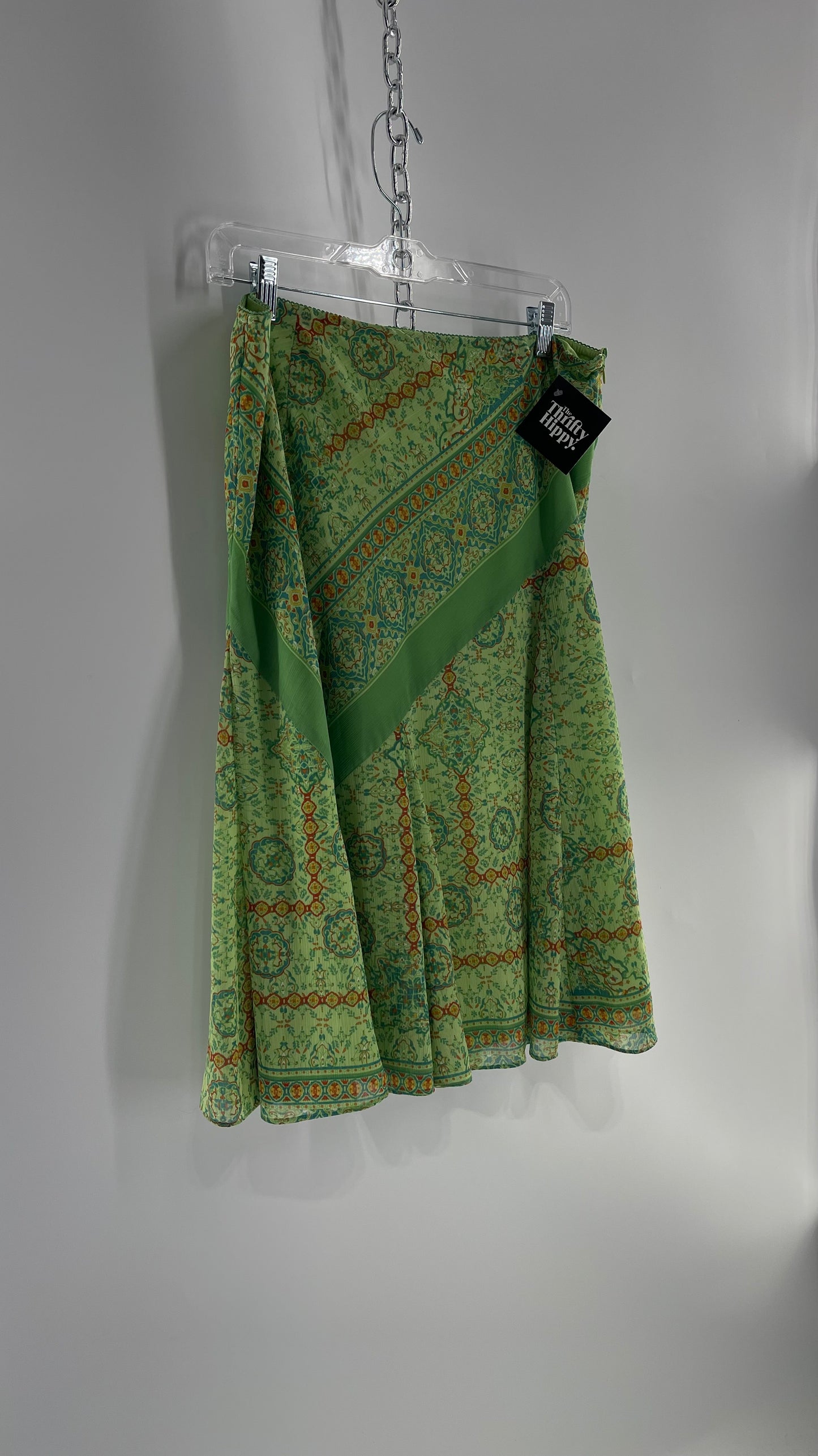 Vintage Green Mixed Pattern Midi Skirt (Large)