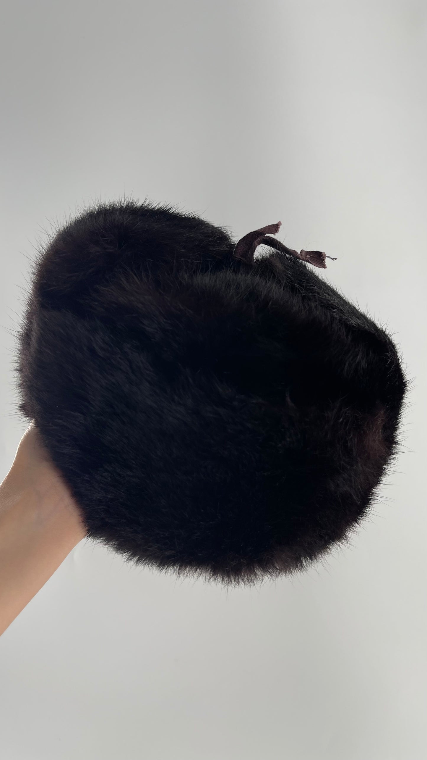 Vintage Russian Black Genuine Rabbit Fur Roller Hat with Pull Down Ear Muff Flaps