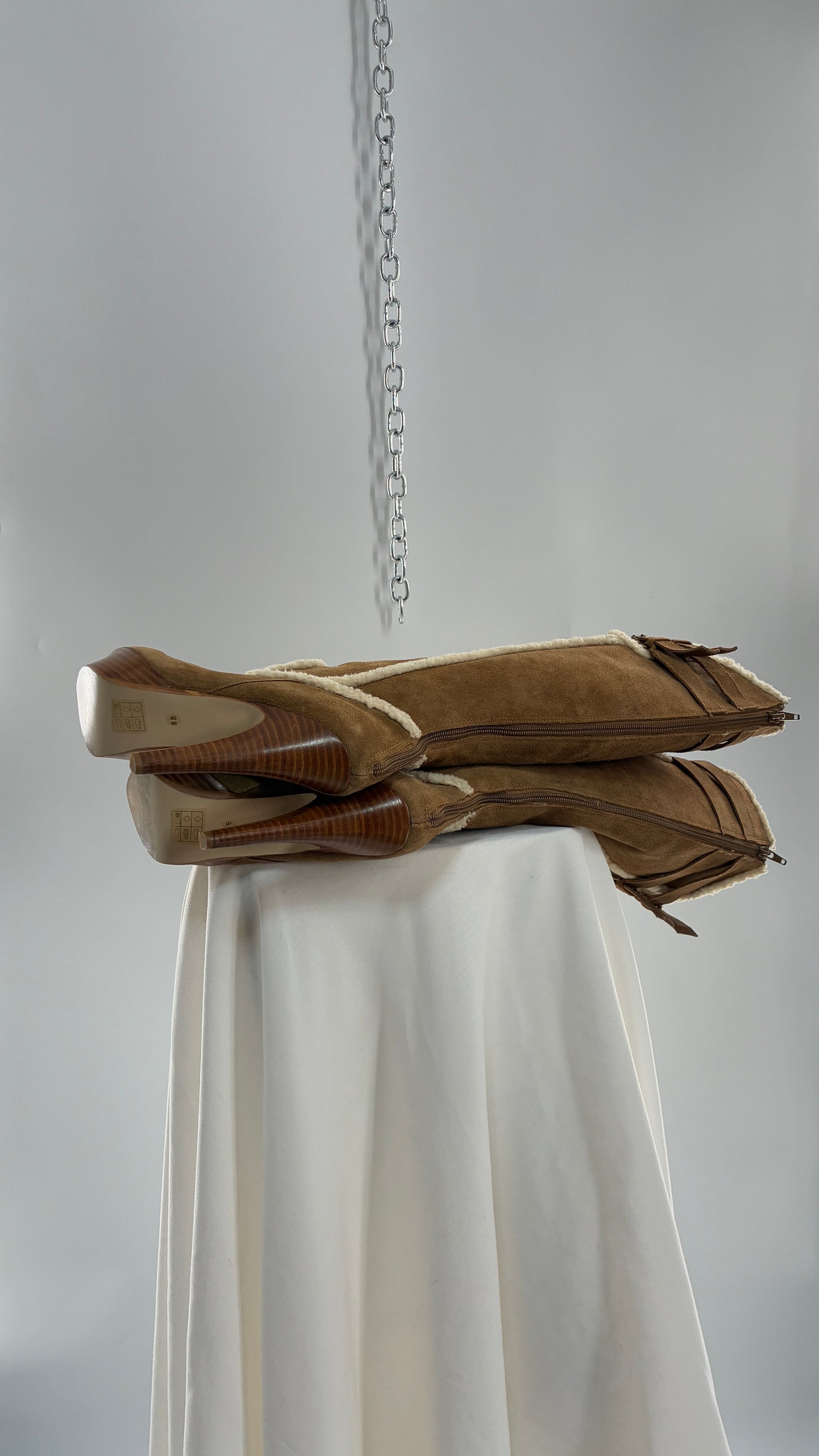 Vintage BEBE Genuine Suede Leather Stiletto, Platform Knee High Boots with Shearling Piping (8B)