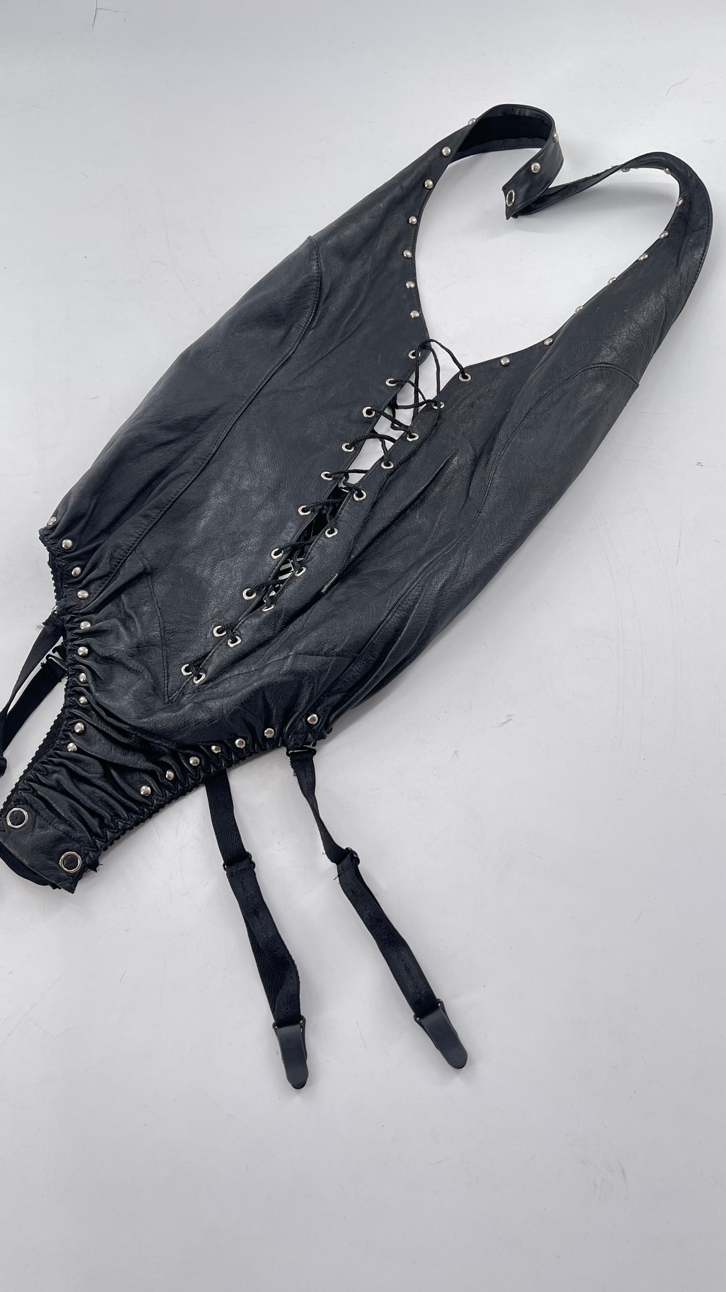 Vintage 1990s Black Leather Bodysuit with Silver Studding, Halter Neckline and Lace Up Bodice (Medium)