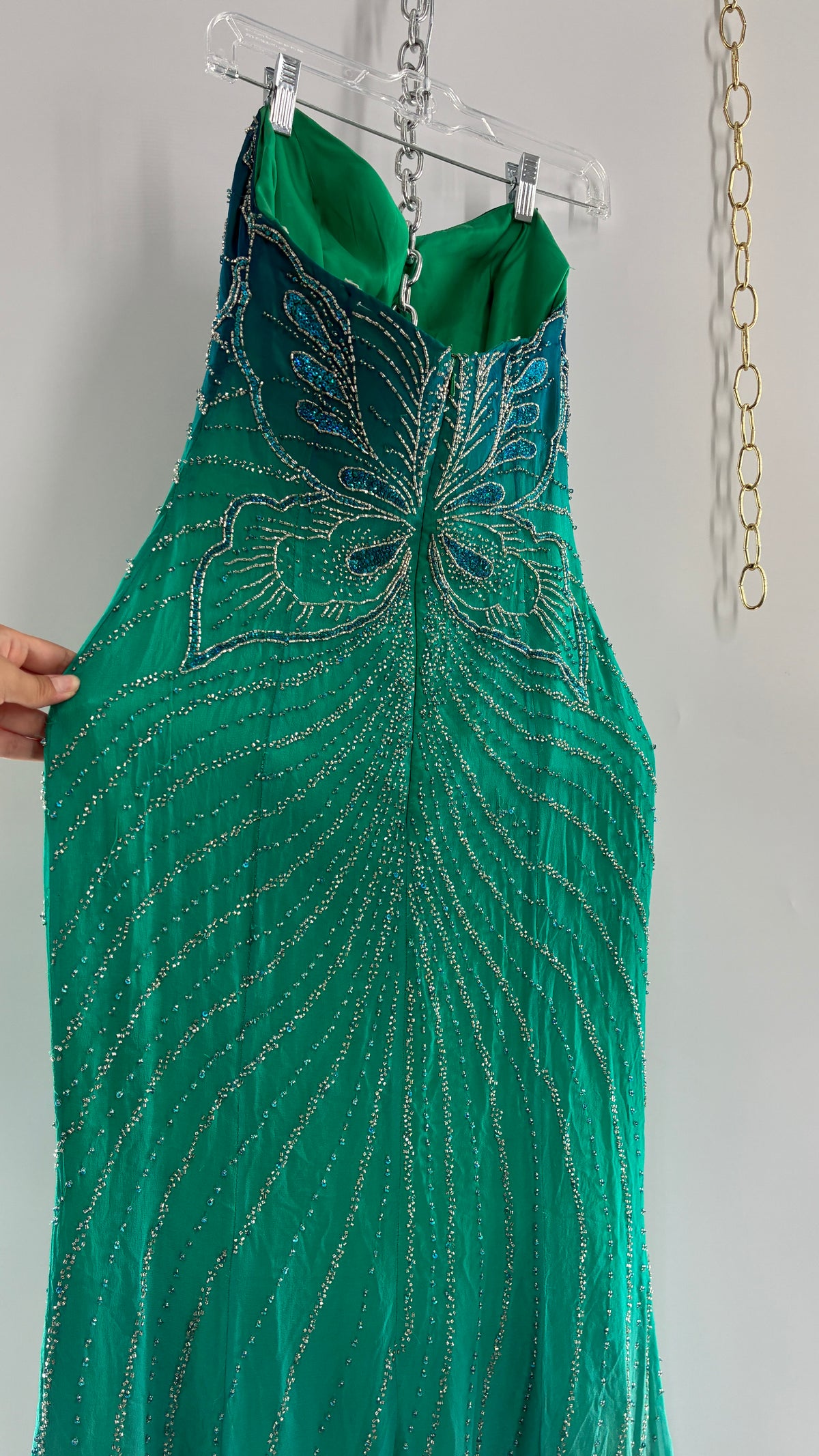 Vintage 1990s STUDIO17 100% Fully Beaded Silk Aquamarine Butterfly Dress (8)