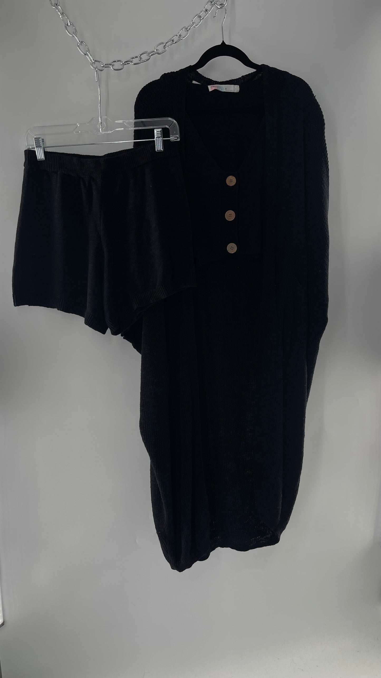 Free People Kai 3 piece Black Knit Cardigan, Tank, Shorts Set with Extra Button Never Worn (Medium)