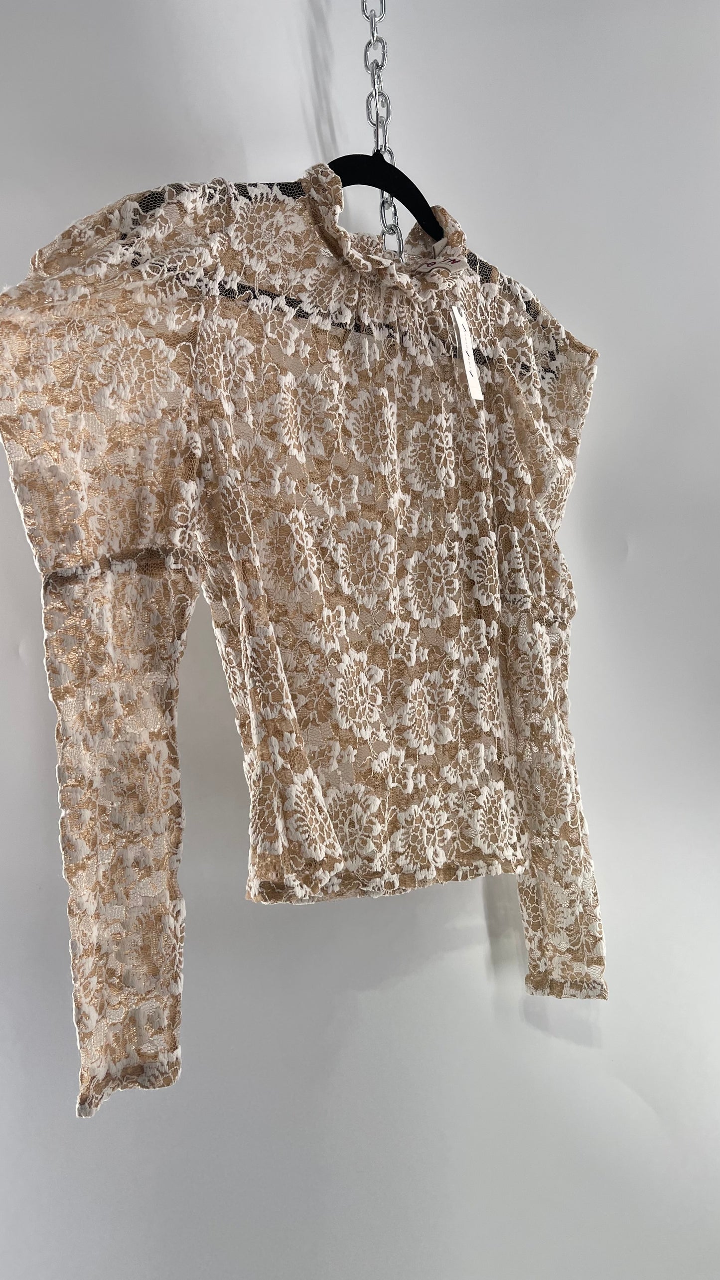 DOLAN Puff Shoulder Ruffle Neckline Tan/White Lace Long Sleeve with Tags Attached(XS)