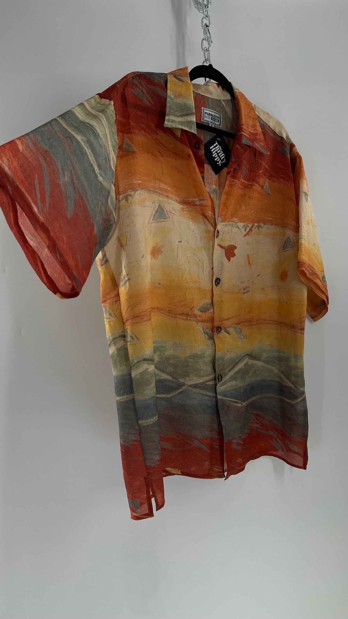 Vintage Pardazzio Uomo Sheer Crimped Abstract Fall Short Sleeve Button Up (Medium)
