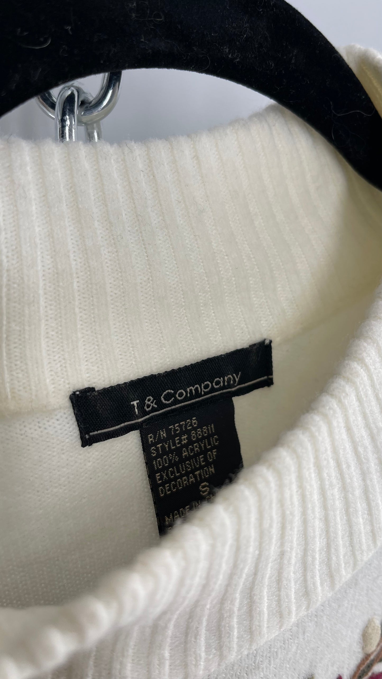 Vintage T&Company Ivory Mock Neck Knit with Embroidered Neckline (Small)