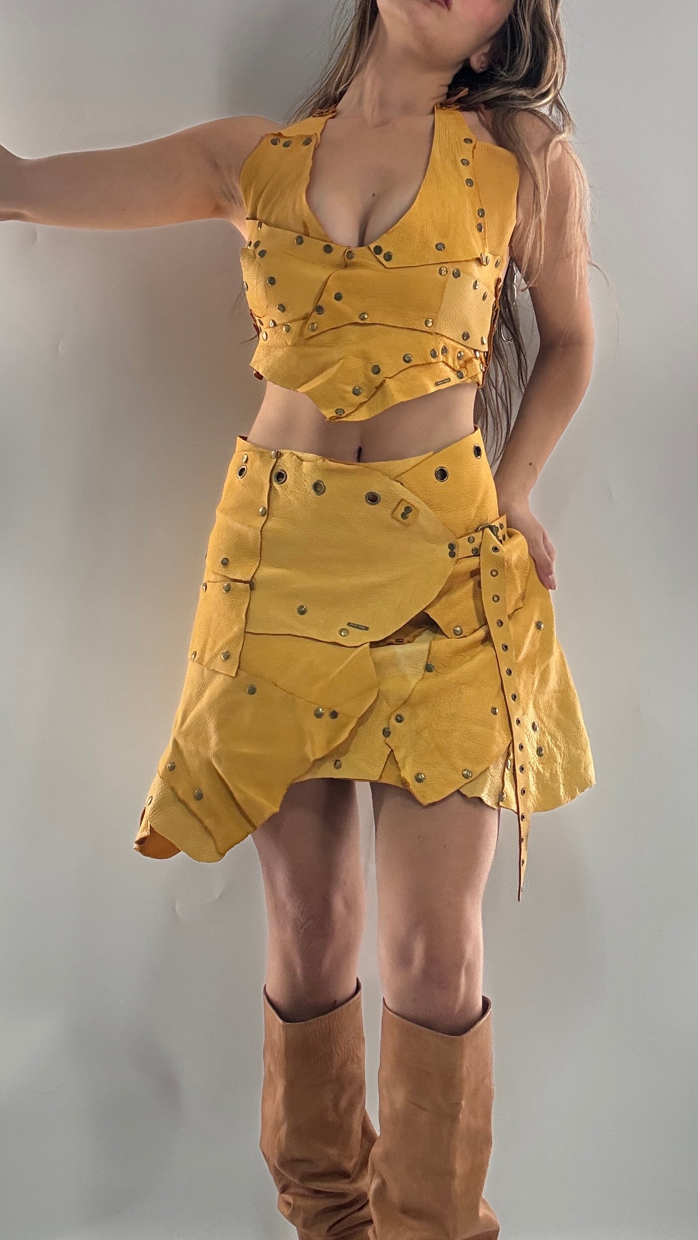 Handmade 1 of 1 and Pressed Genuine Suede and Pebbled Leather Reversible Corset Top and Grommet Skirt Set (XS-M)