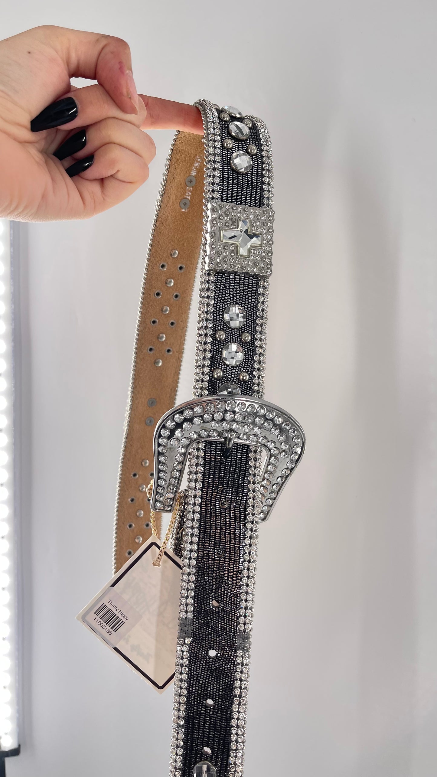 Free People Dark Silver Metallic Snake Print Belt covered in Crystal Embellishments and Heavy Metal Crosses (M)