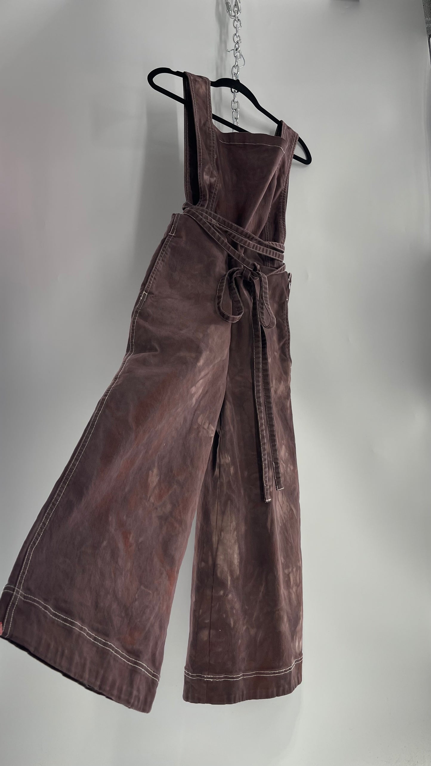 Brown Hand Dyed Jumpsuit with Waist Tie Detail and Open Back (Small)