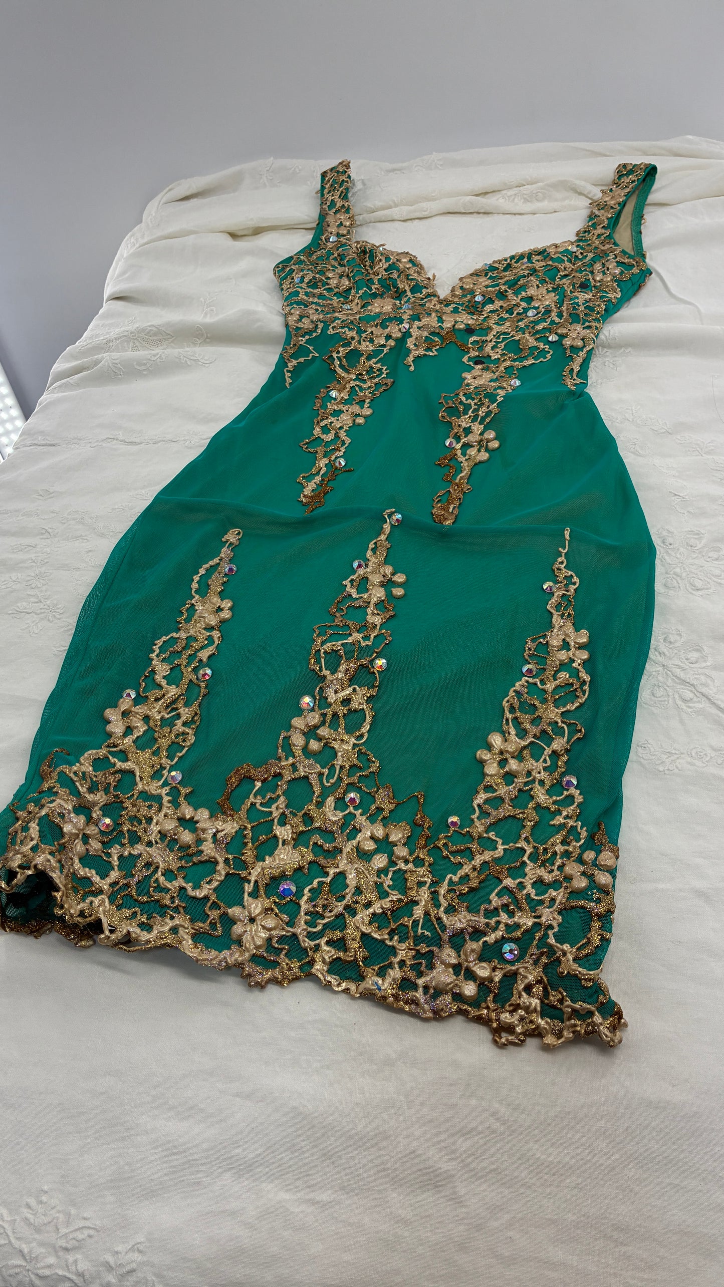 Vintage HOLT Hand Painted Turquoise Mini Dress with Low Open Back (XXS/XS)