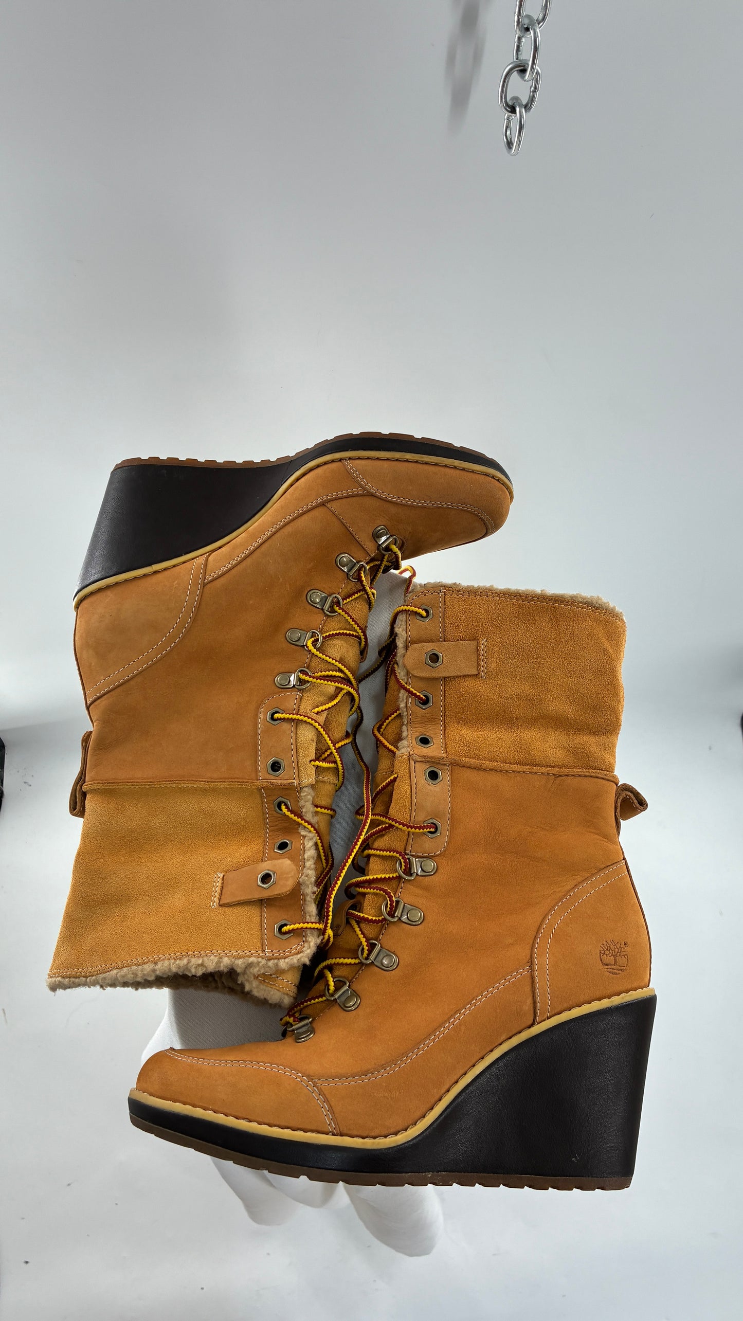 Vintage TIMBERLAND Wedge Boots Suede Leather Tie Up Heels (7.5)