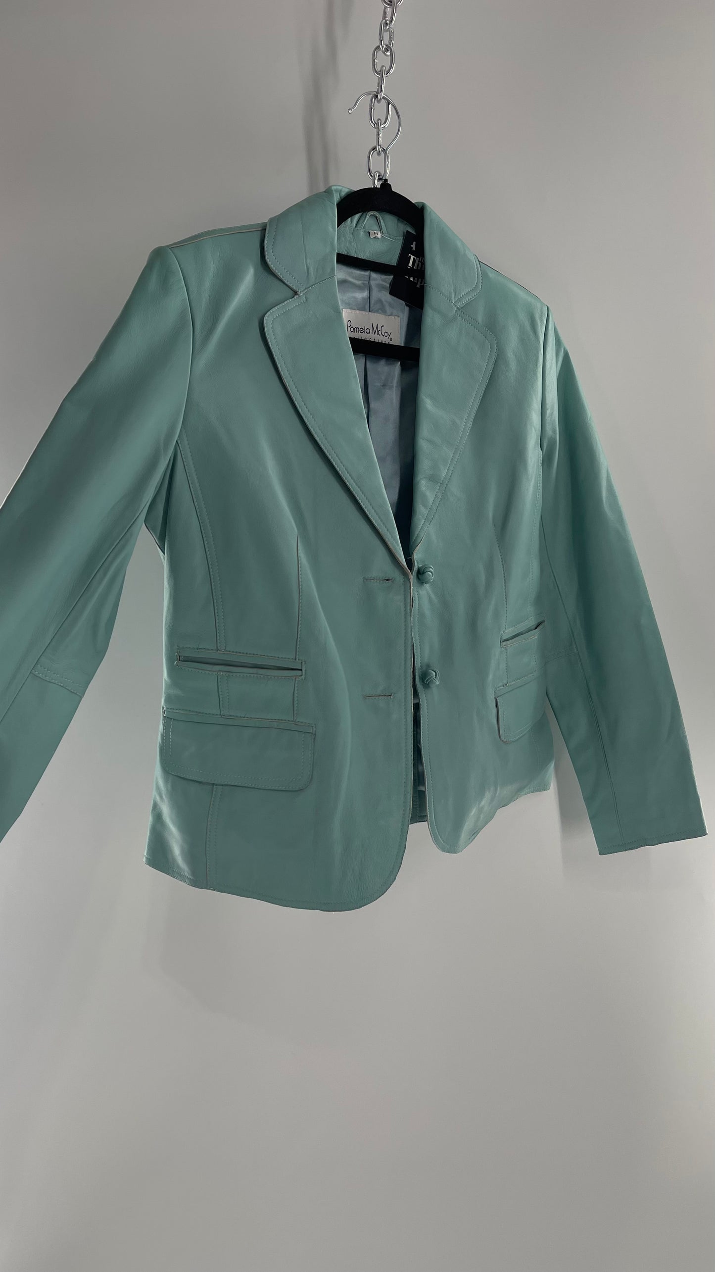 Vintage 1990s Pamela McCoy Eggshell/Tiffany Blue Leather Blazer Jacket (XS)