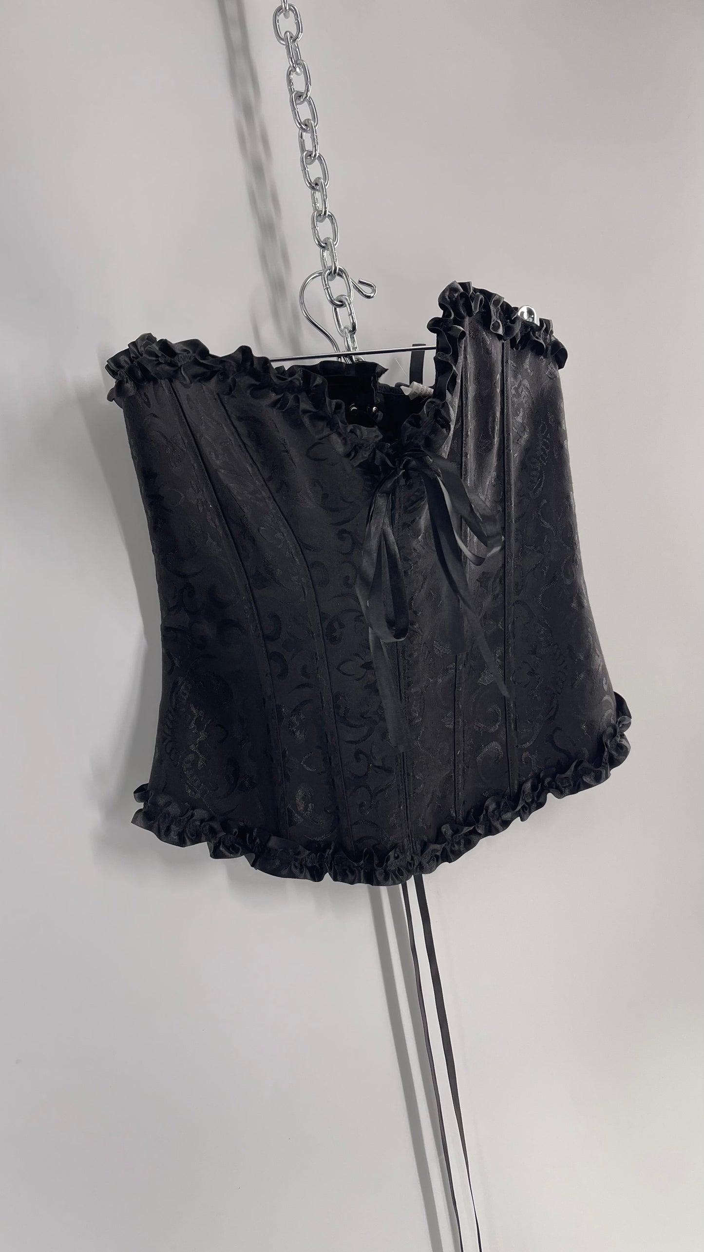 Adore Me Black Brocade Lace Back Ruffle Ribbon Trim (S/M)