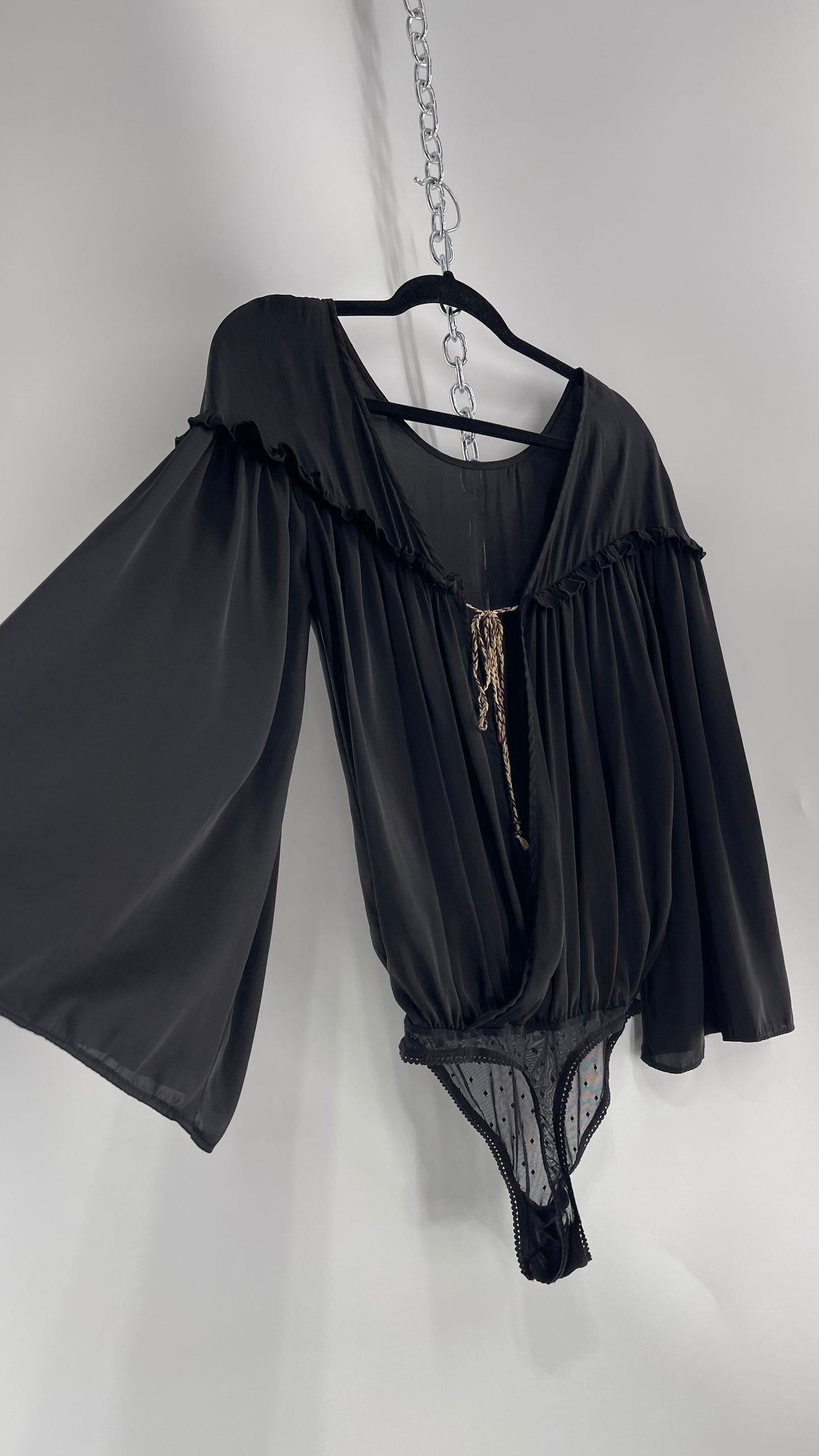 Free People Black Silky Ruffled Sweetheart Neckline Detail with Pleated Bodice and Open Back (XS)