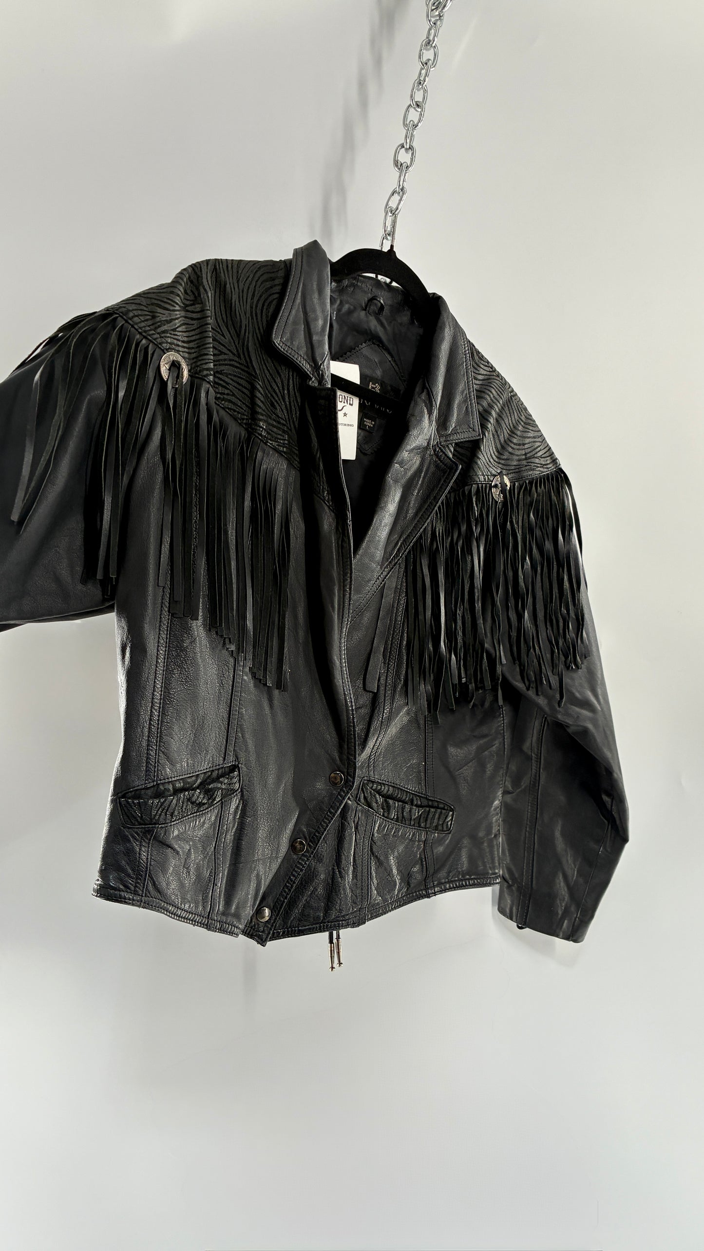 Vintage BERMAN’S Black Genuine Leather Fringe Motorcycle Jacket with Tie Up Cuffs (Large)