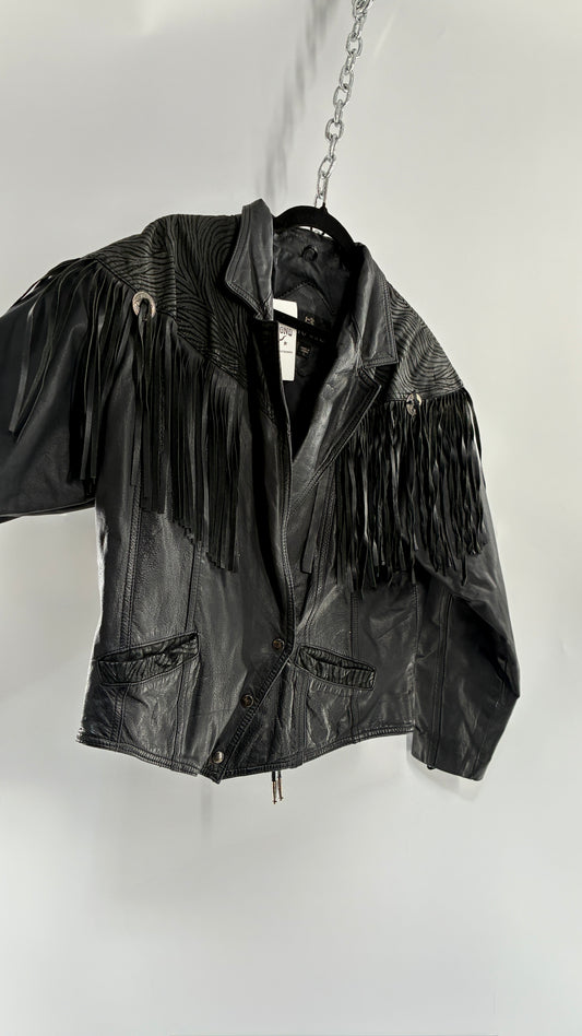 Vintage BERMAN’S Black Genuine Leather Fringe Motorcycle Jacket with Tie Up Cuffs (Large)