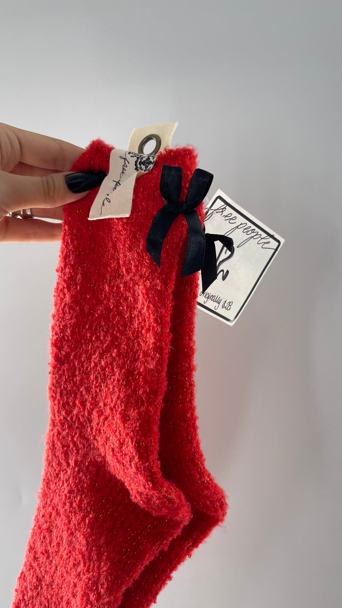 Free People Festive Red Socks with Gold Tinsel and Black Satin Bow Detail