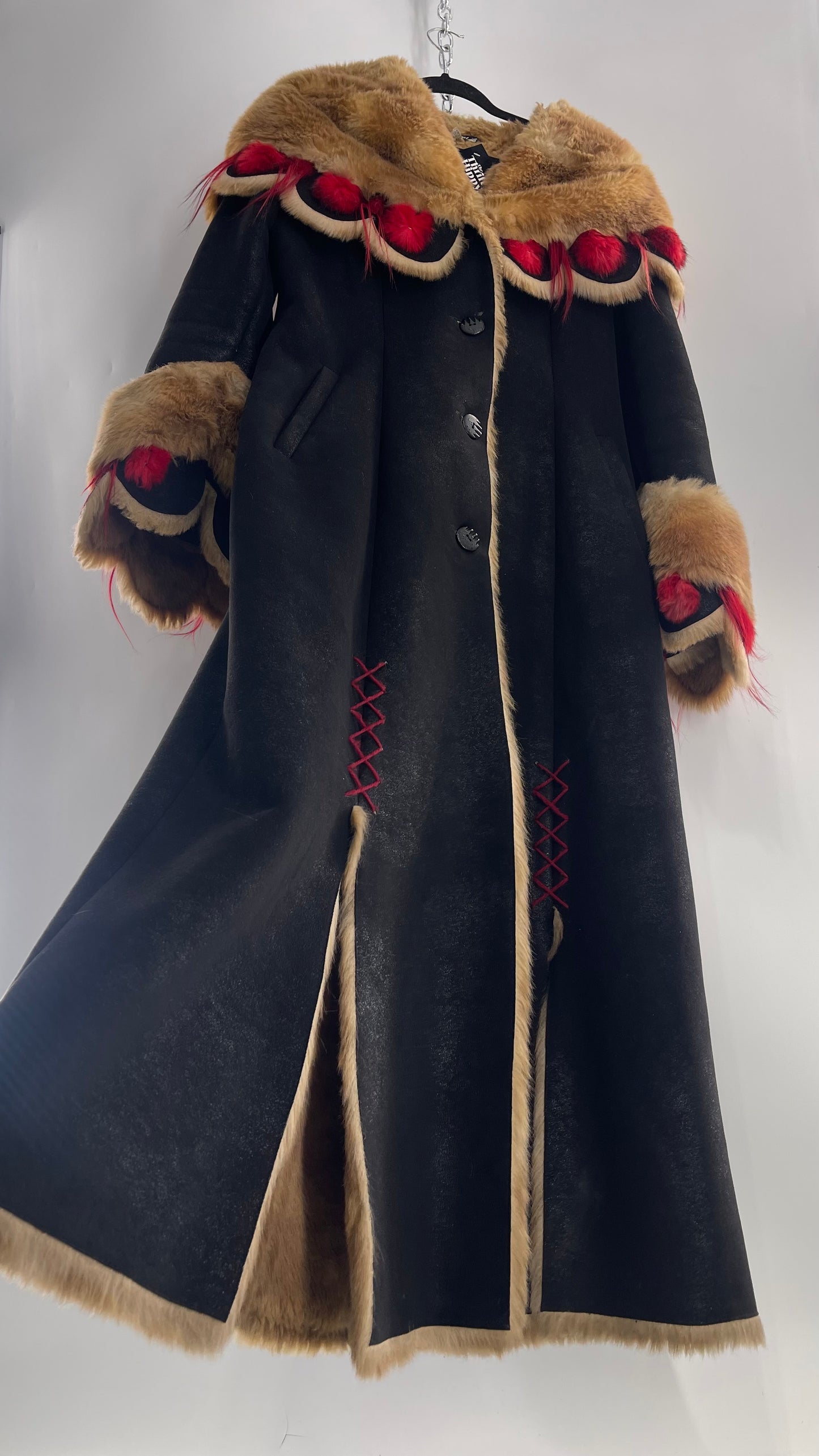 Vintage Russian Black Coat with Brown Fur Piping/Lining, Red Feathers, Scalloped Sleeve, and Hood (Medium)