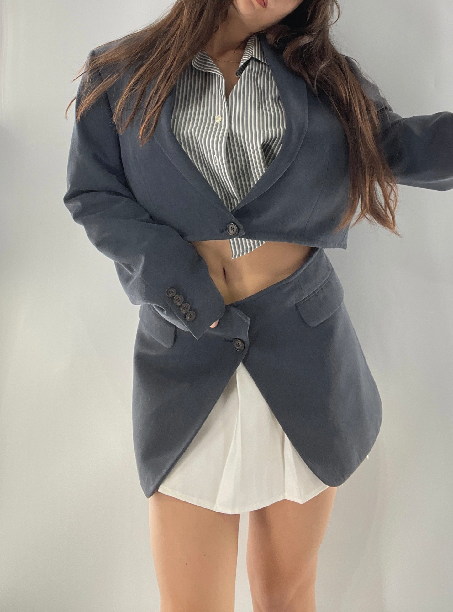 CUSTOM Handmade 2pc Suit Set Gray/Blue with Open Corset Back Skirt and Cropped Jacket (One Size)