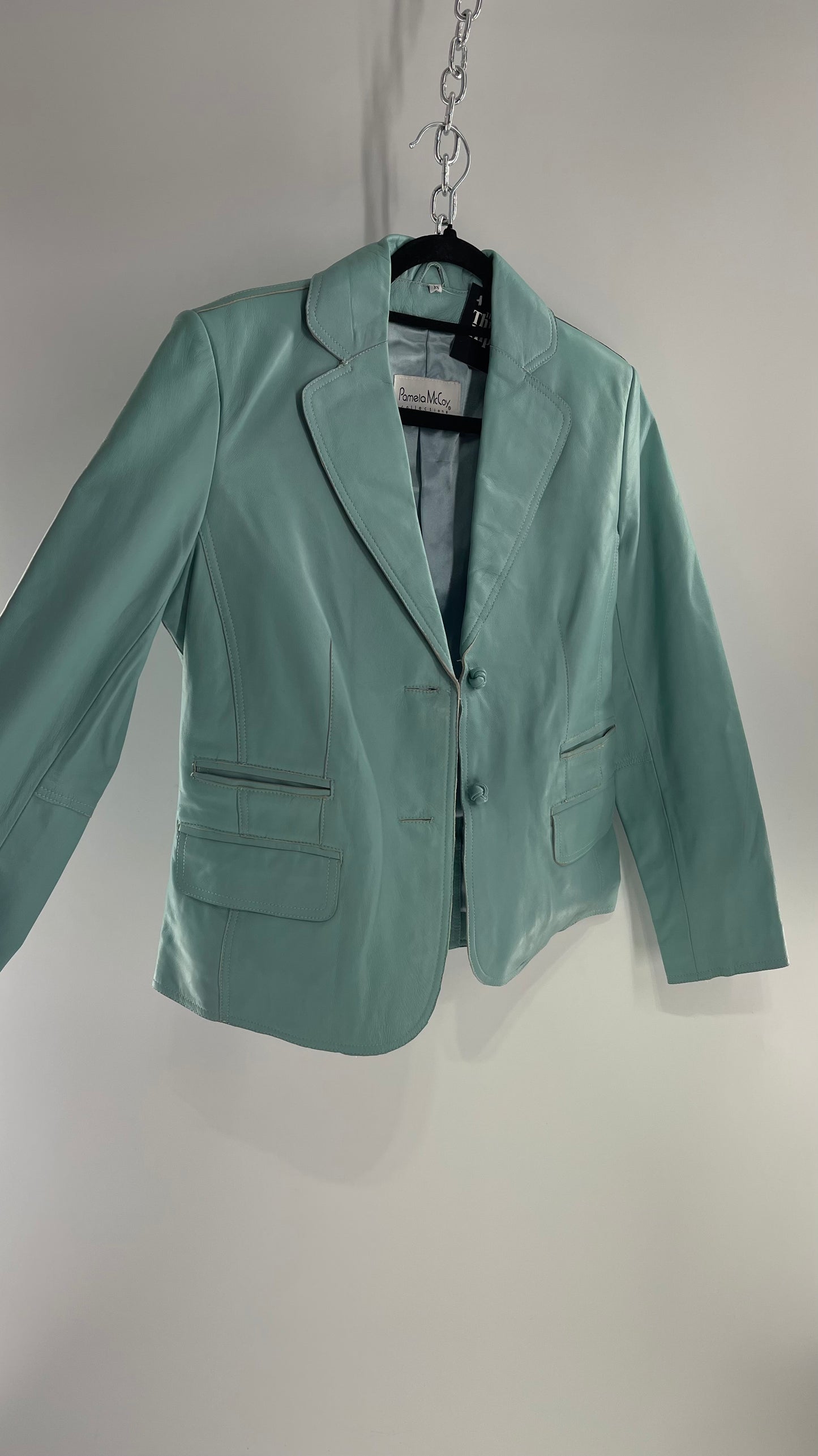 Vintage 1990s Pamela McCoy Eggshell/Tiffany Blue Leather Blazer Jacket (XS)