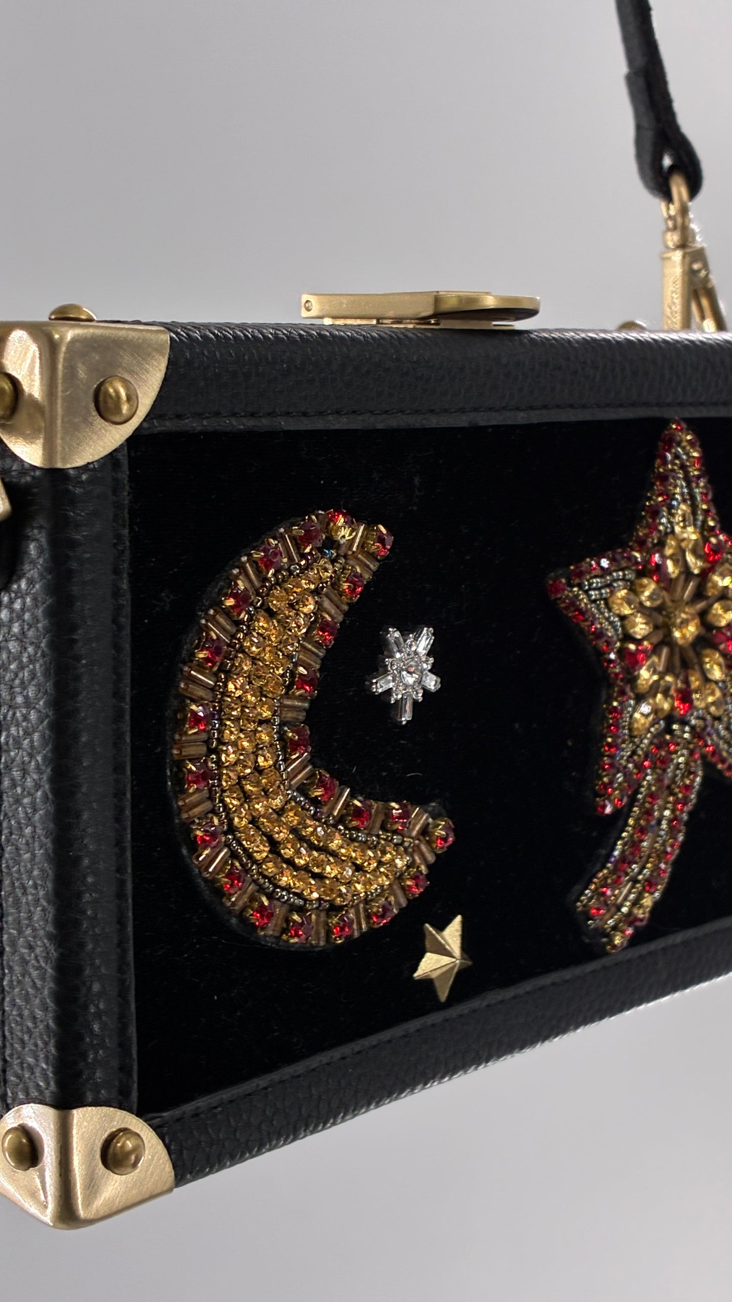 Vintage Sam Edelman Black Leather and Velour Box Case Purse with Gold Hardware and Celestial Beading